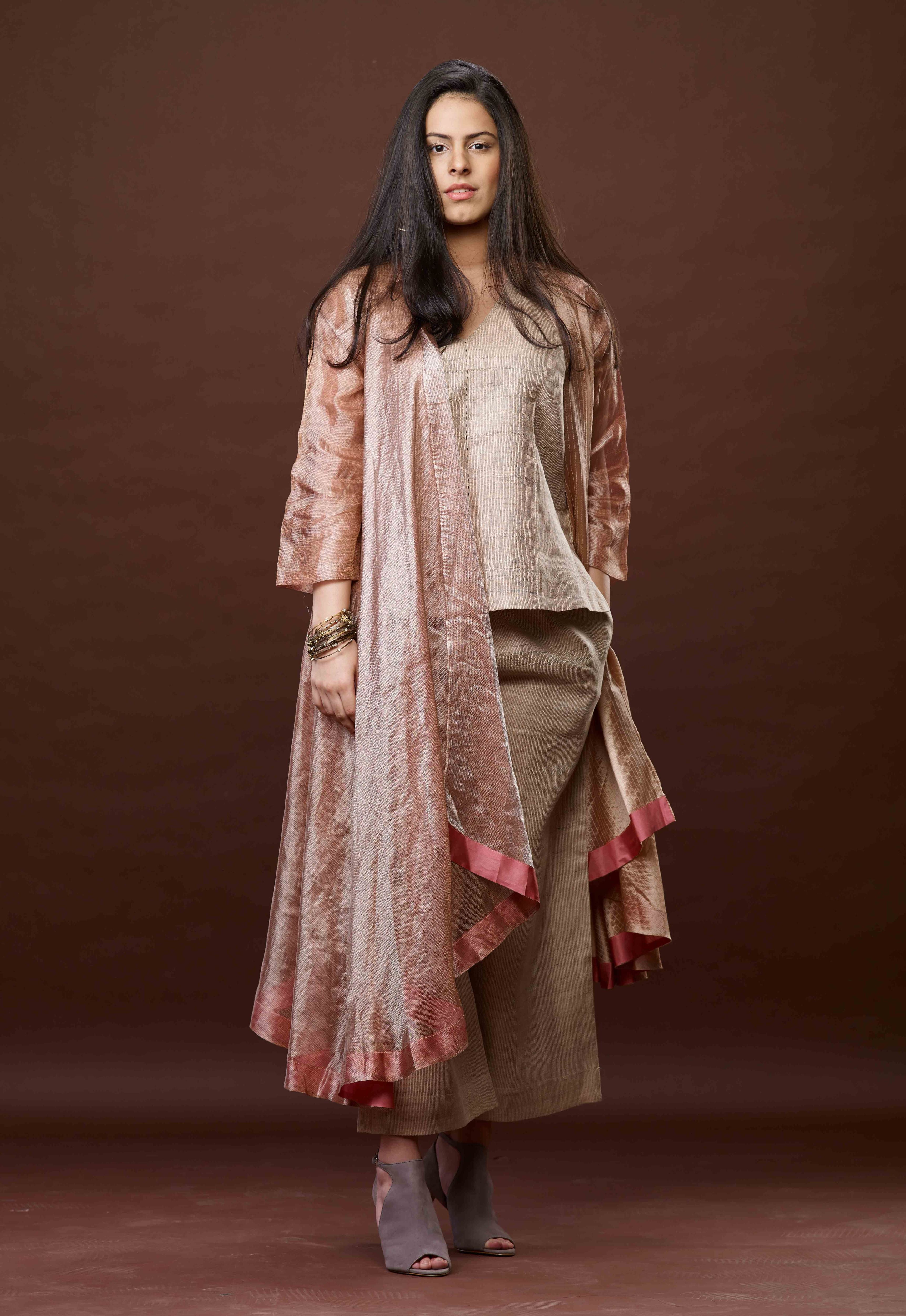 Rose Pink Zari And Tussar Khadi Jacket Set
