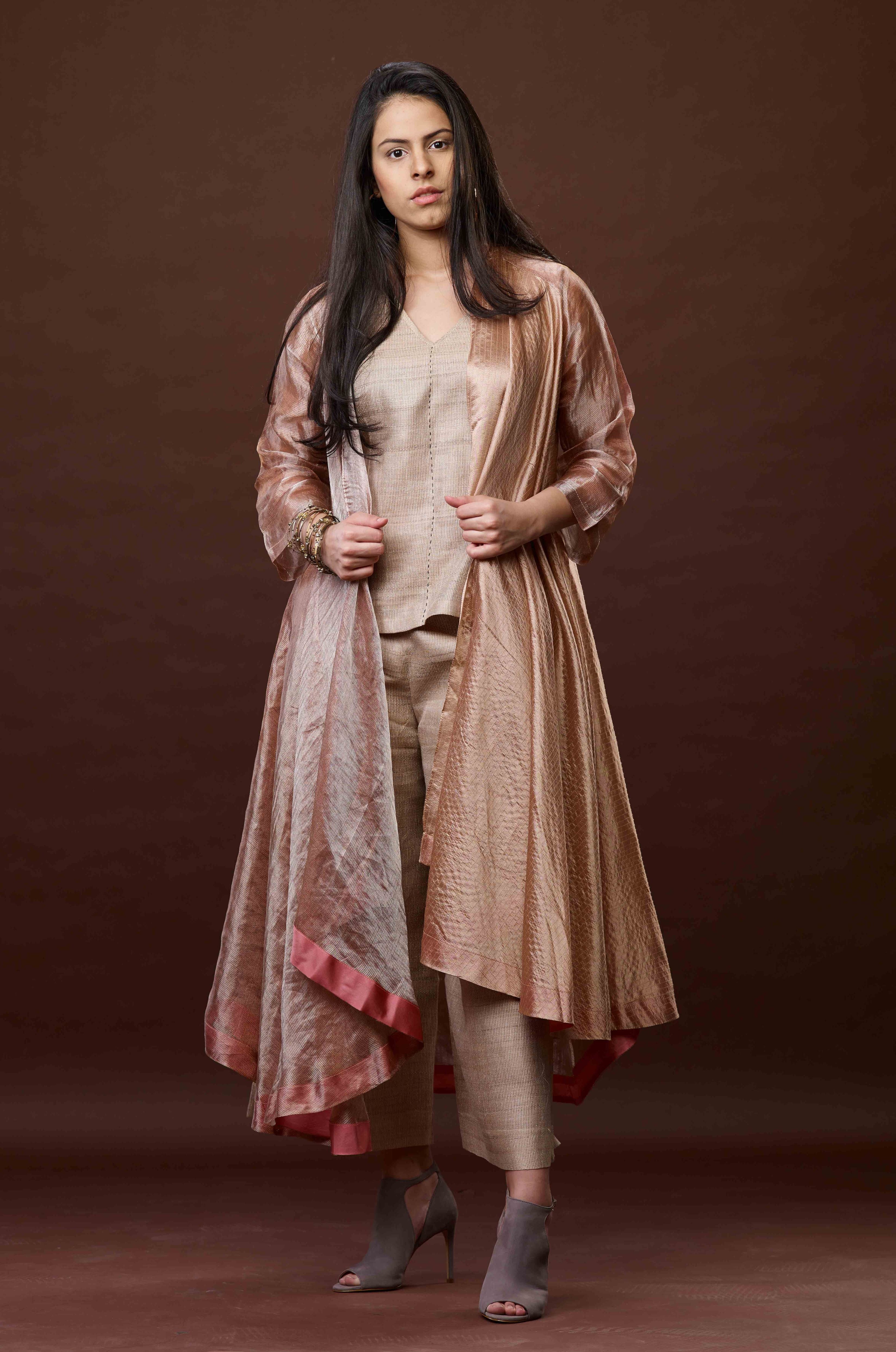 Rose Pink Zari And Tussar Khadi Jacket Set