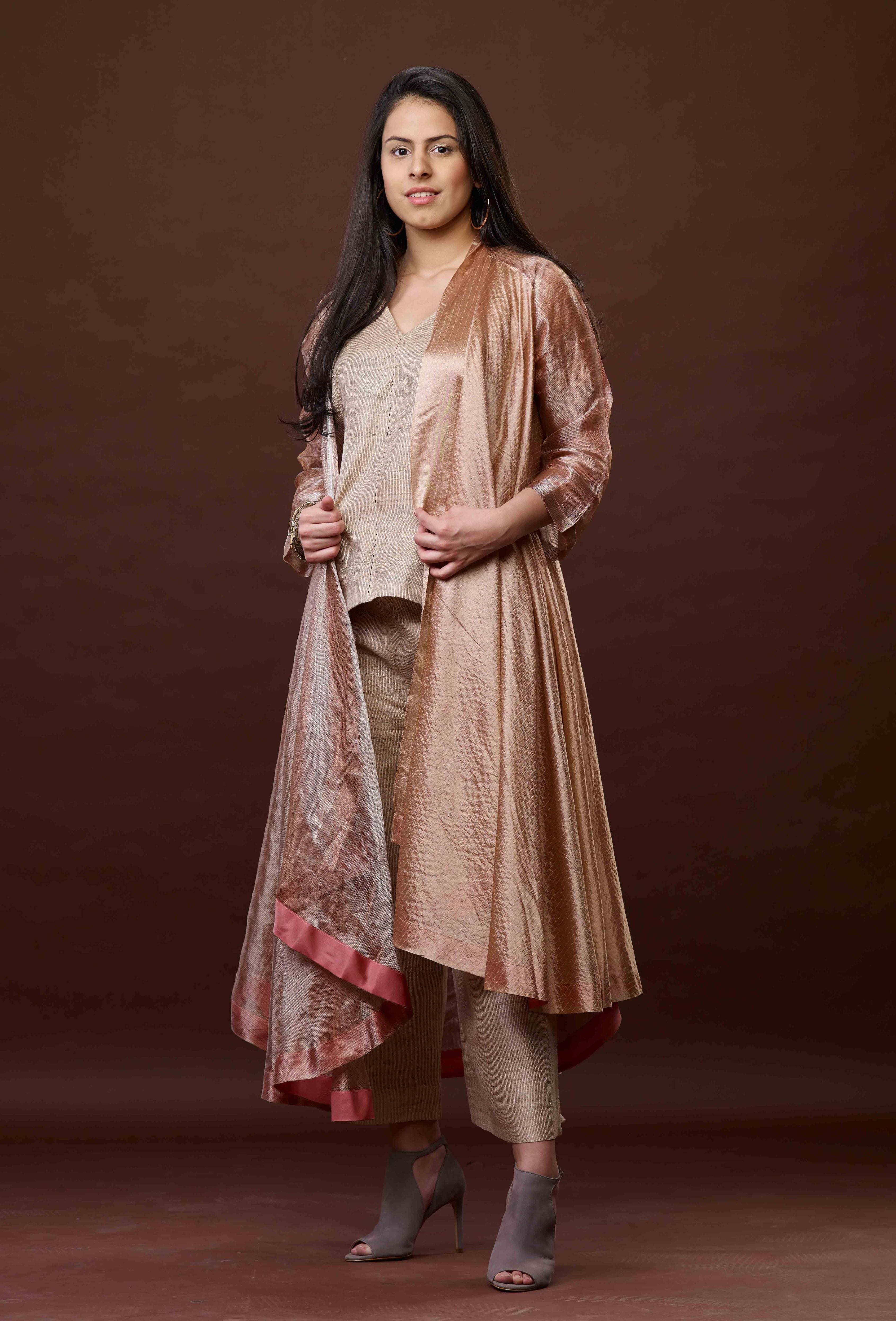 Rose Pink Zari And Tussar Khadi Jacket Set