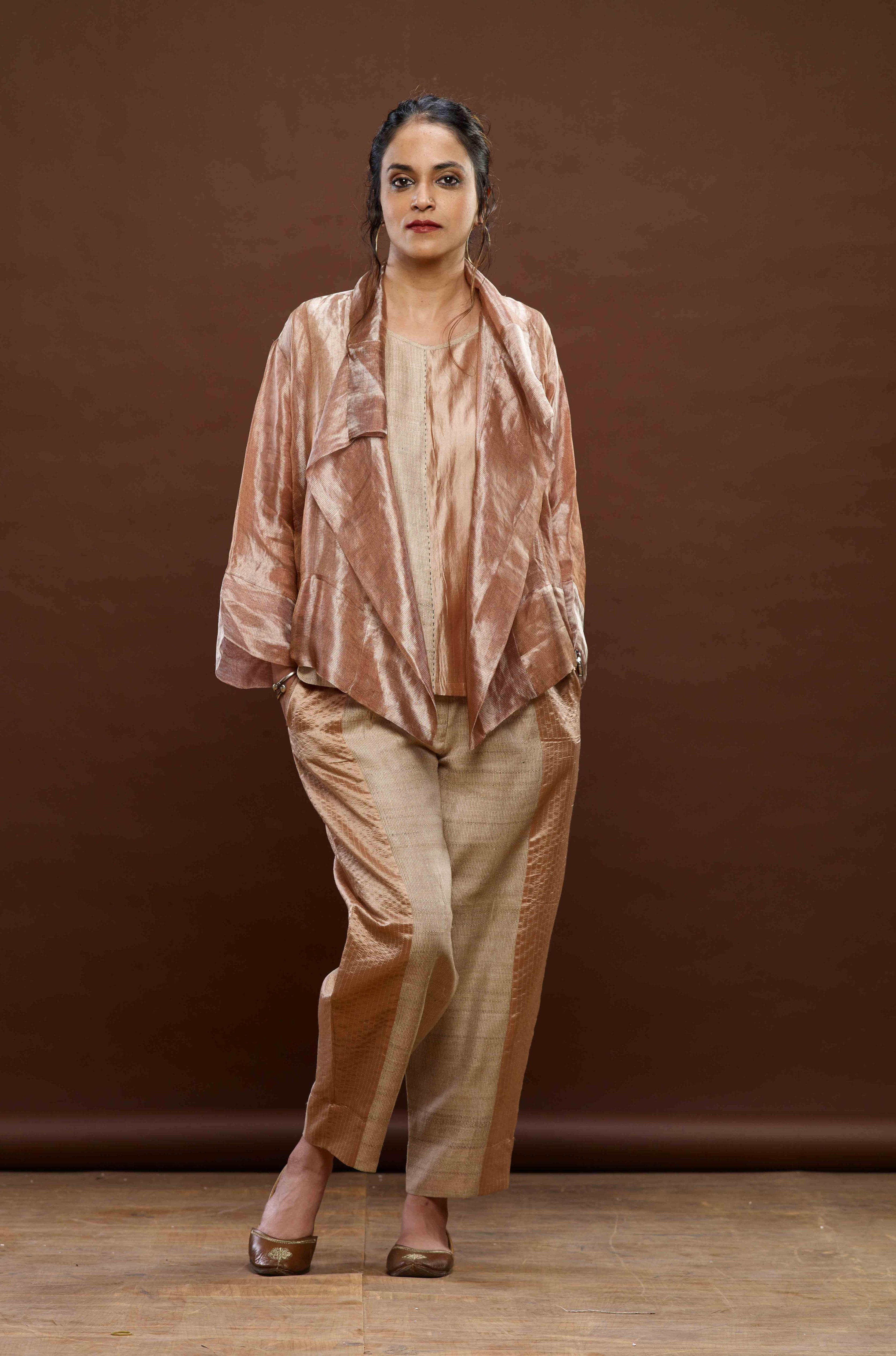 Rose Pink Zari And Tussar Khadi Jacket Set