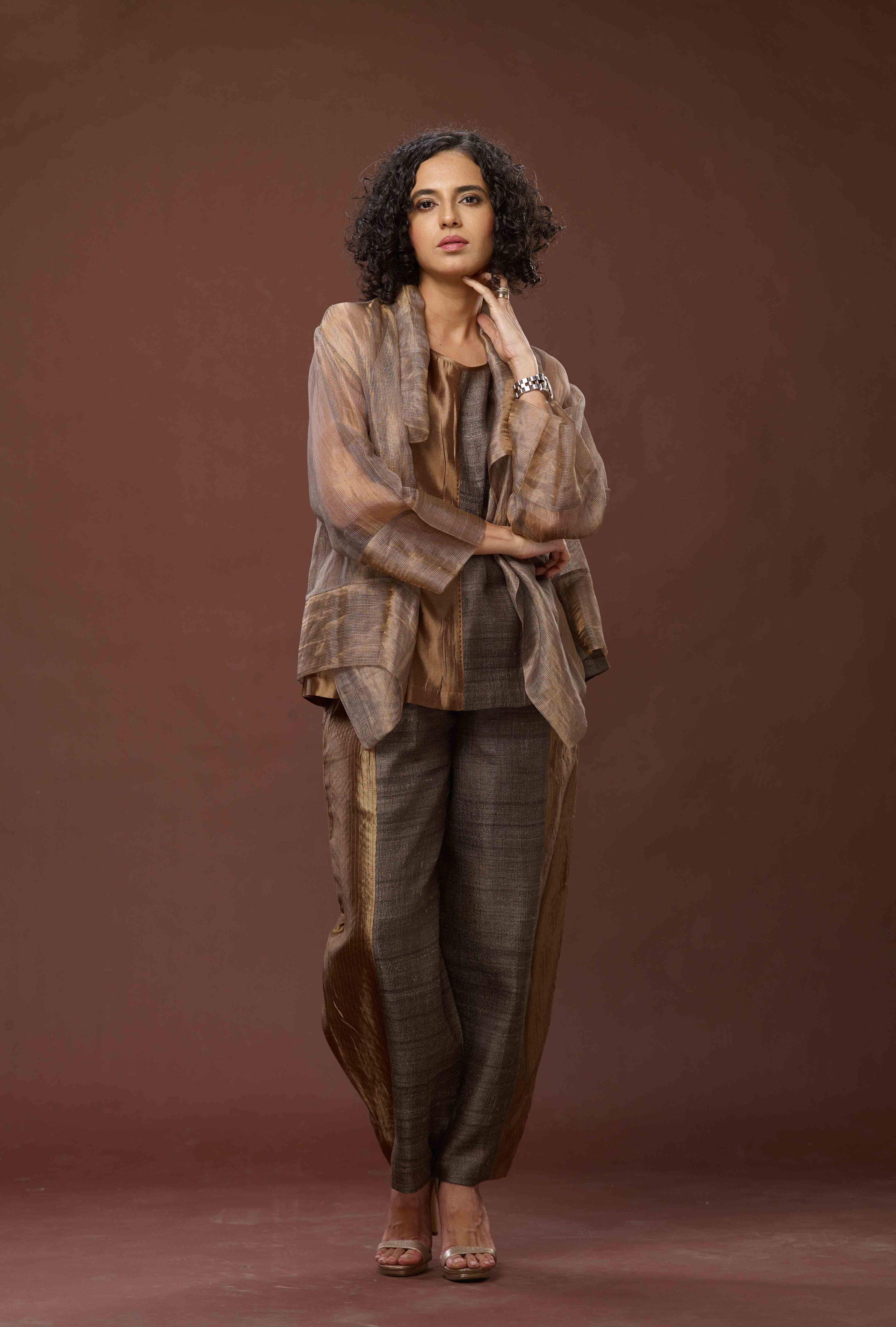 Copper Zari And Tussar Khadi Jacket Set