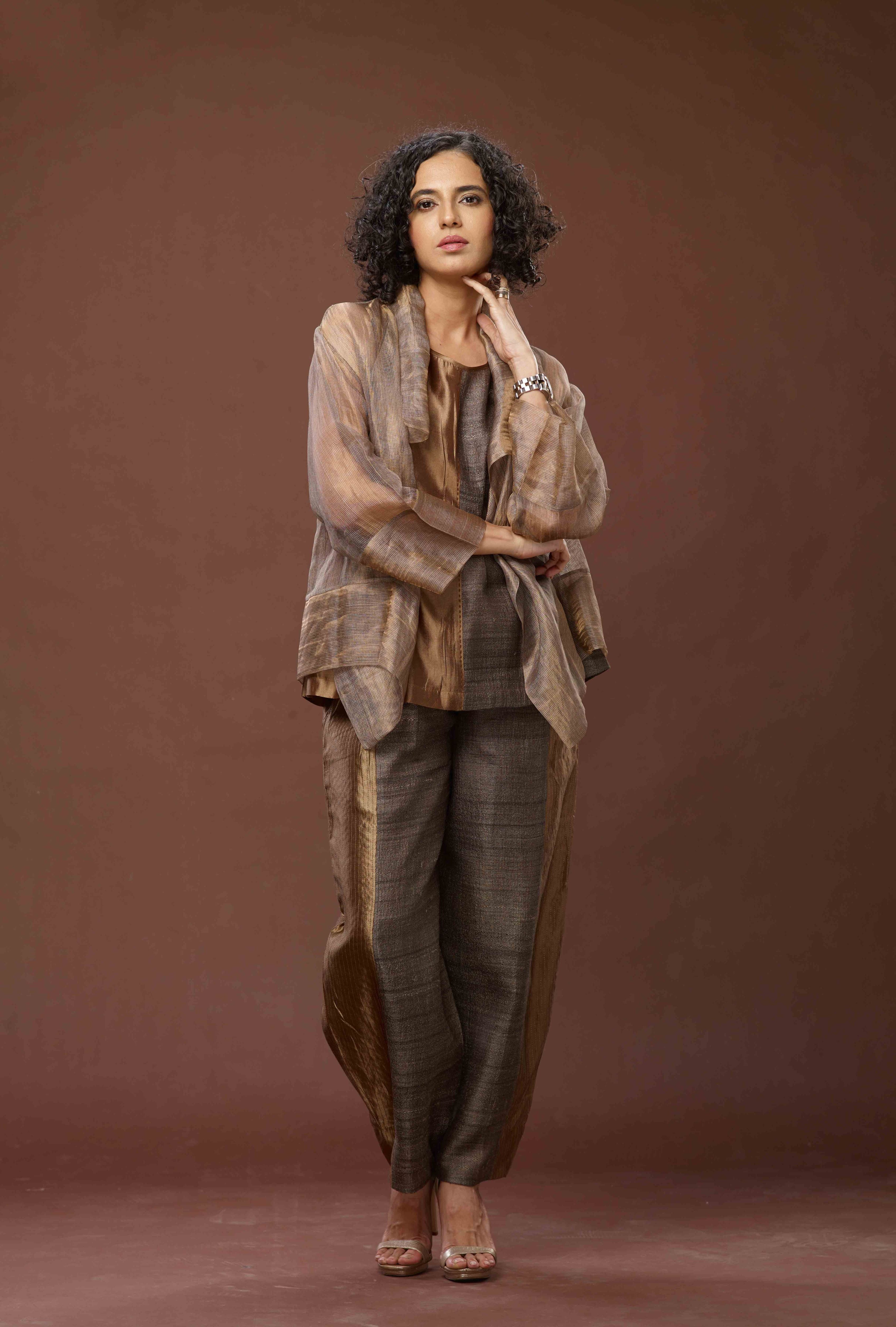 Copper Zari And Tussar Khadi Jacket Set