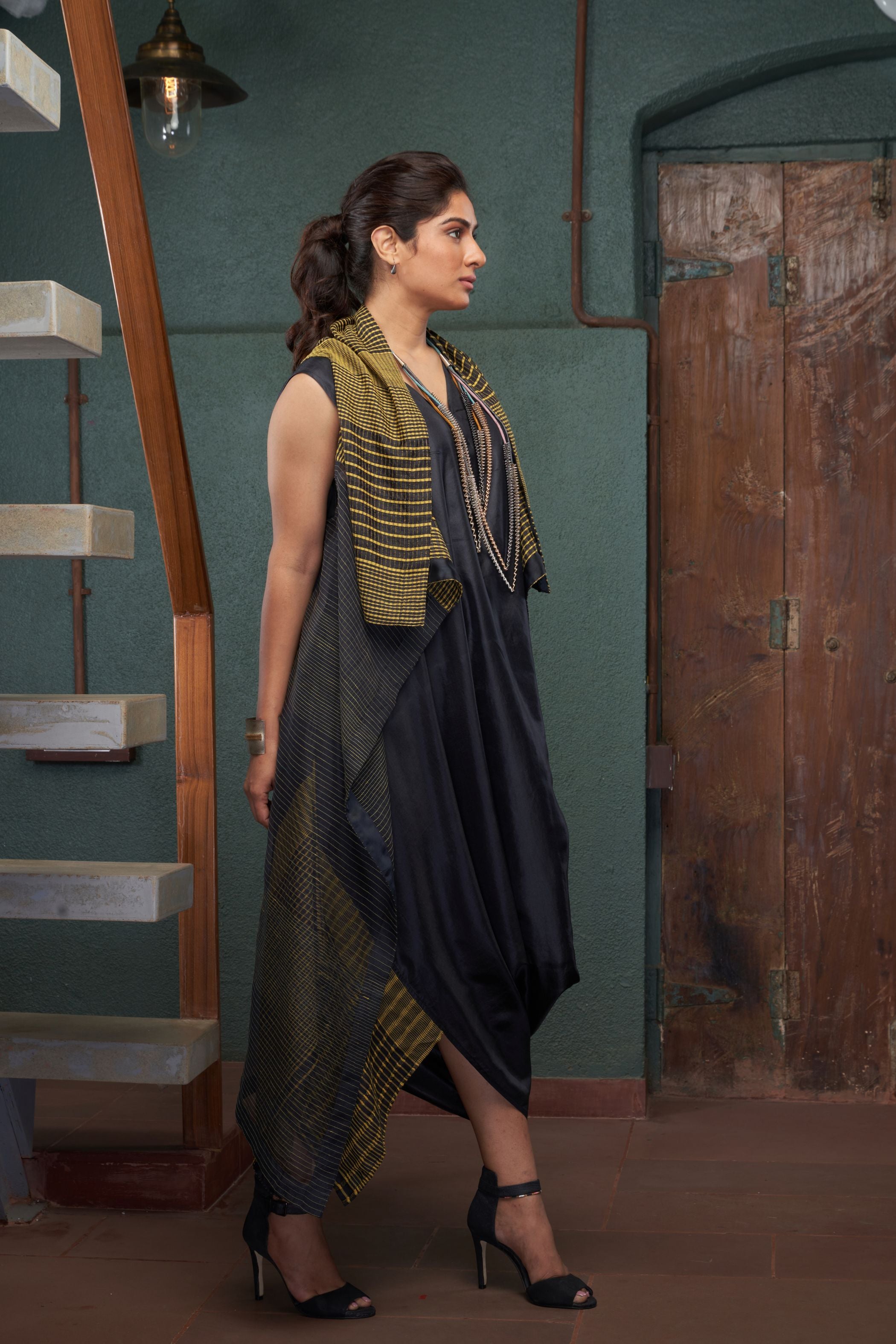 Charcoal Silk And Khadi Dress Set