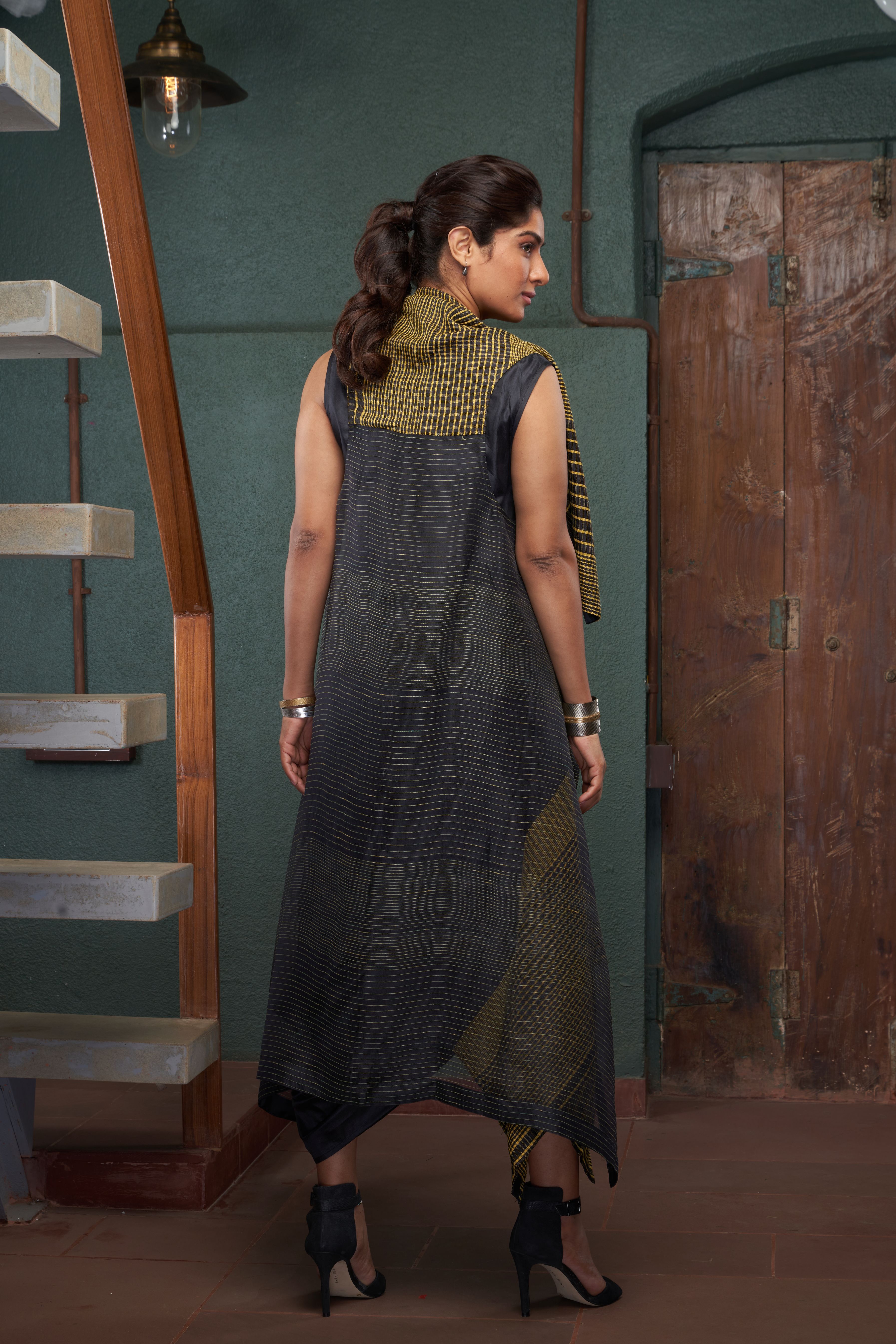 Charcoal Silk And Khadi Dress Set