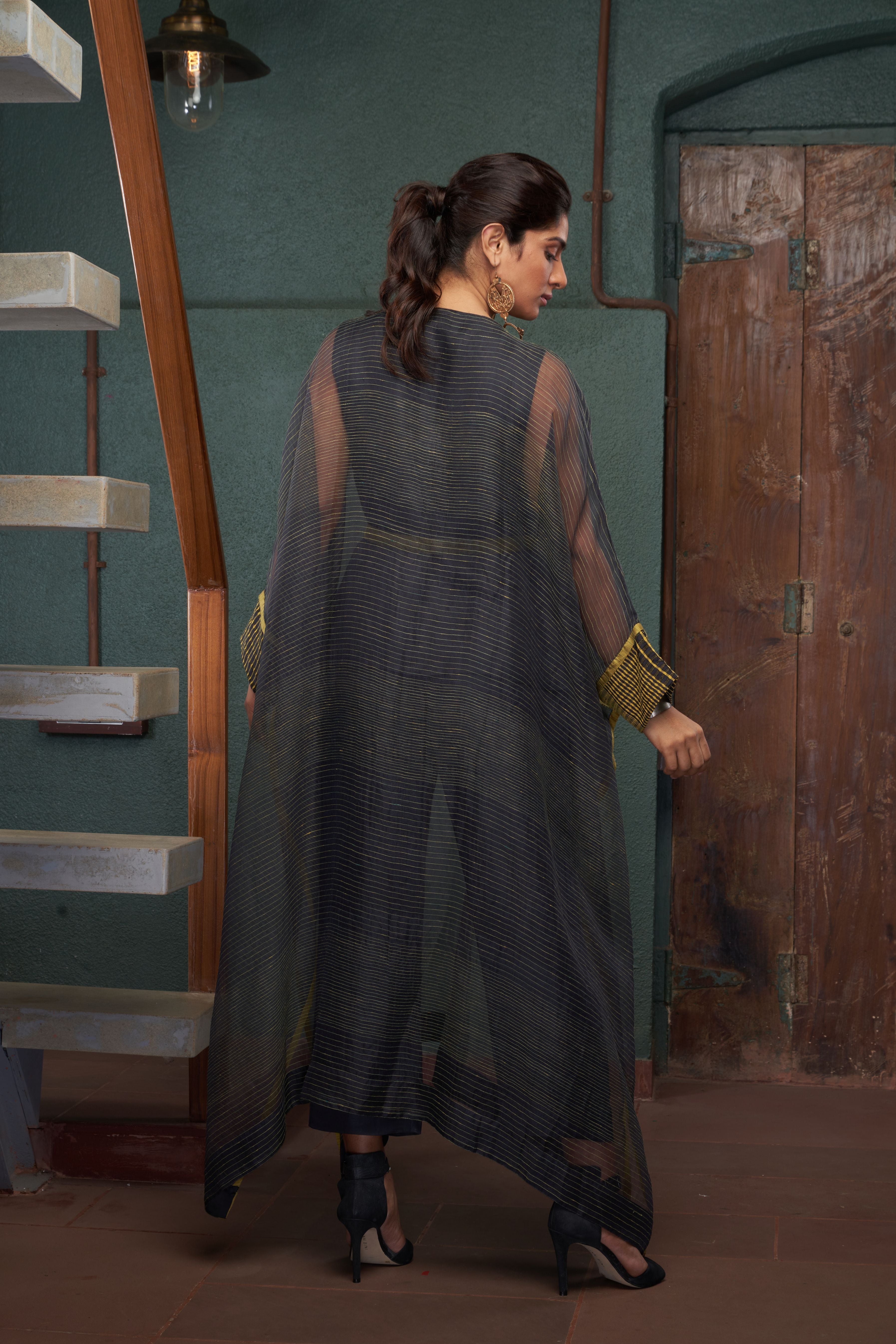Charcoal Silk And Khadi Kaftan Set