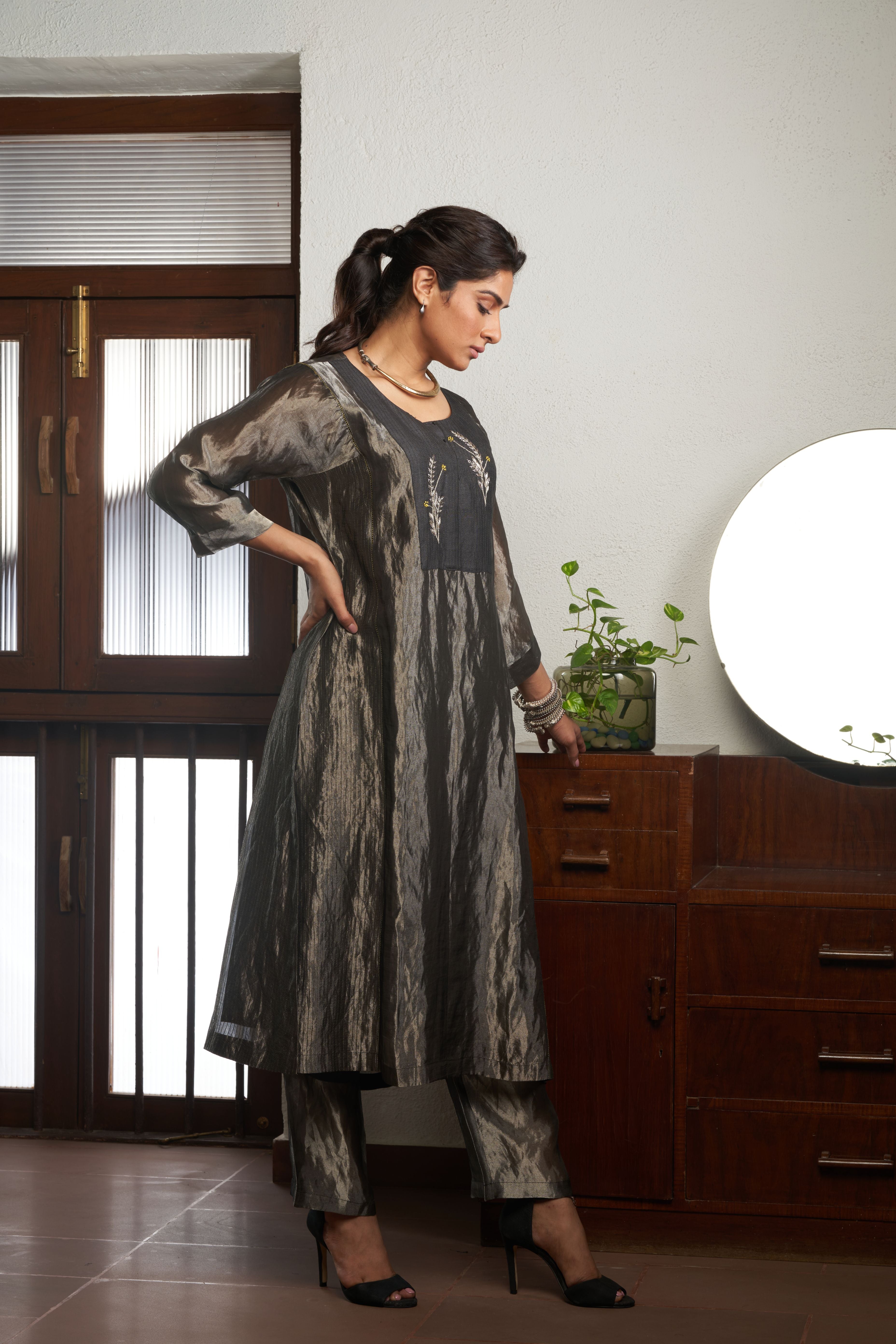 Charcoal Zari Tissue Kurta Set