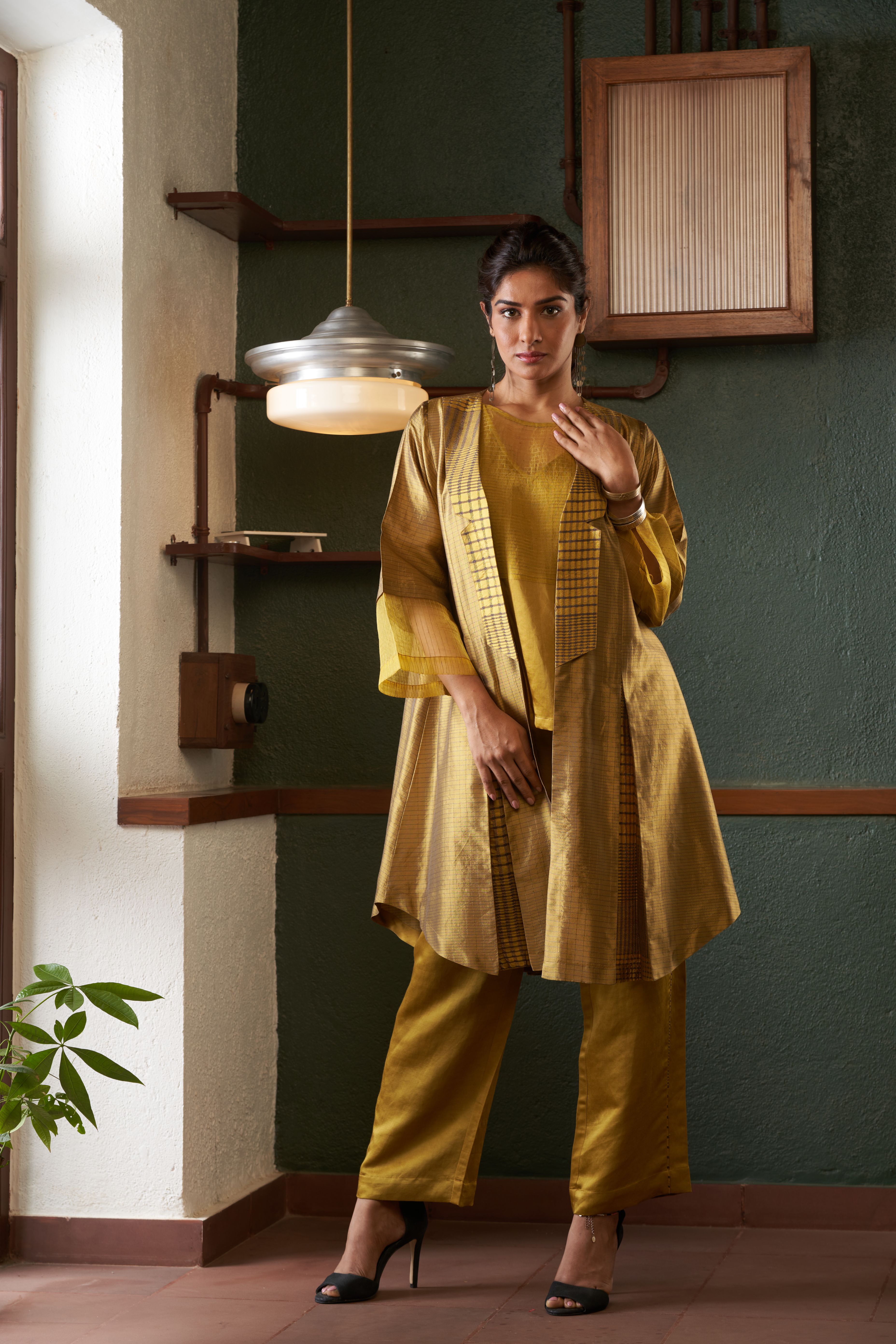 Mustard Silk And Khadi Jacket Set