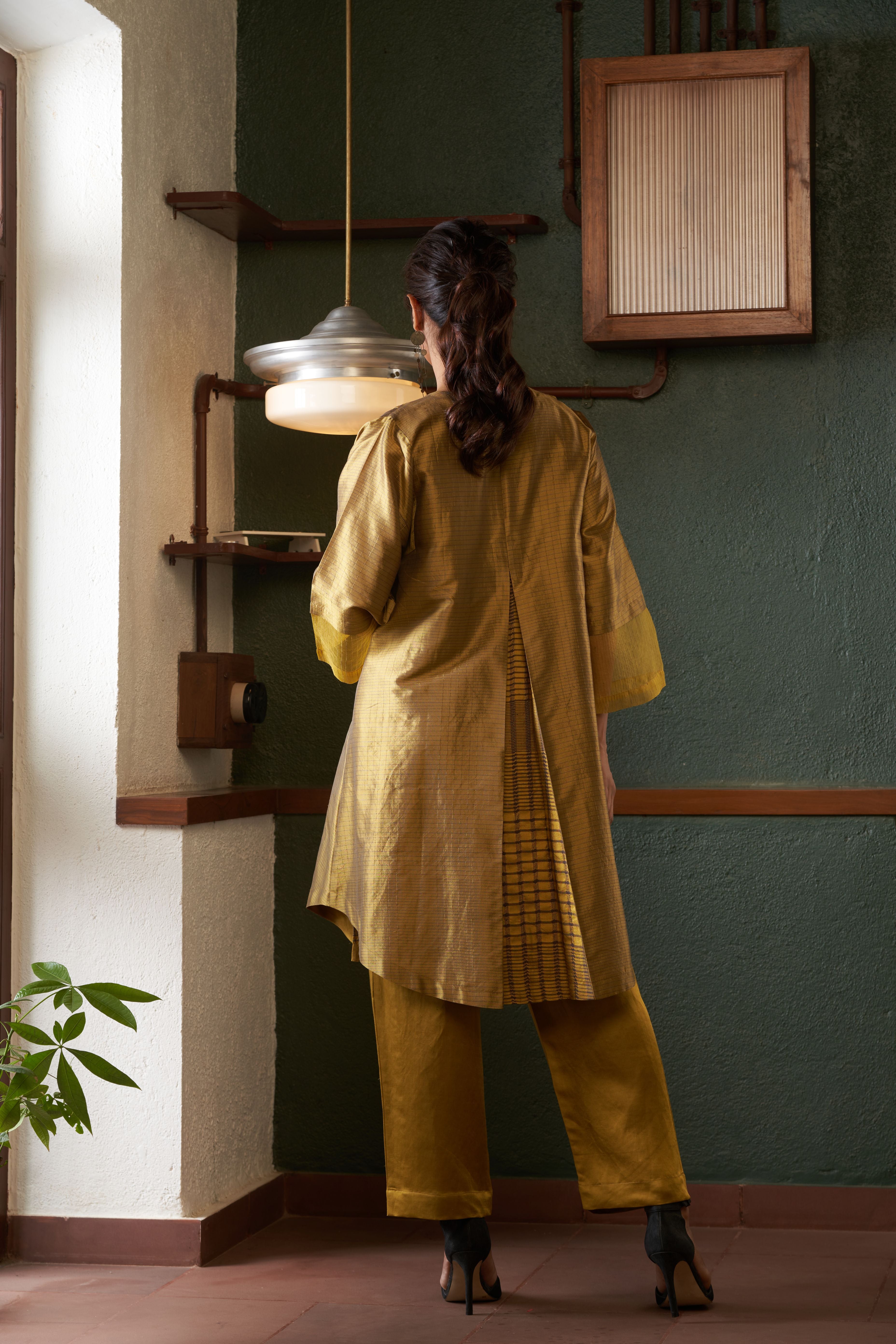 Mustard Silk And Khadi Jacket Set