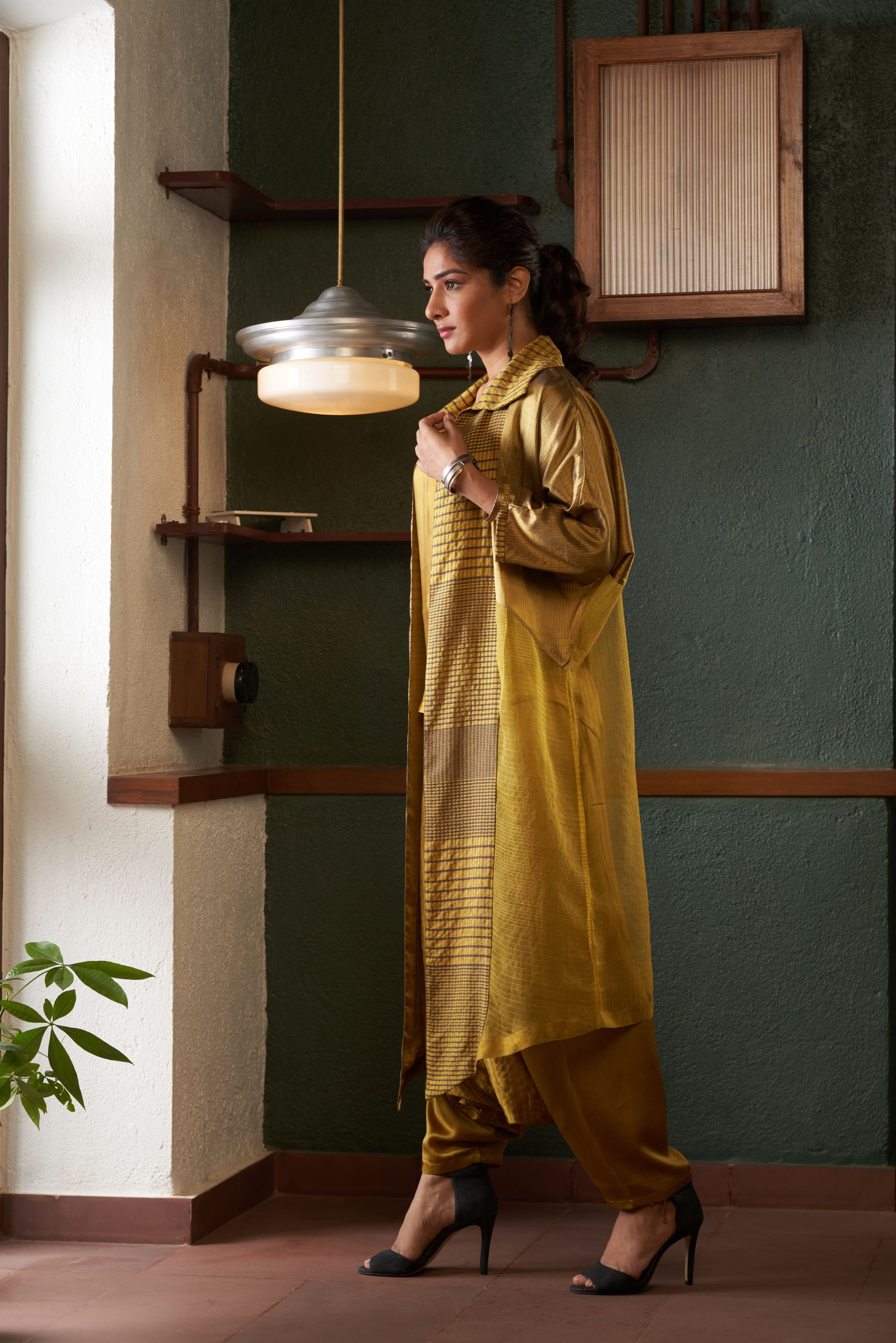 Mustard Silk And Khadi Jacket Set