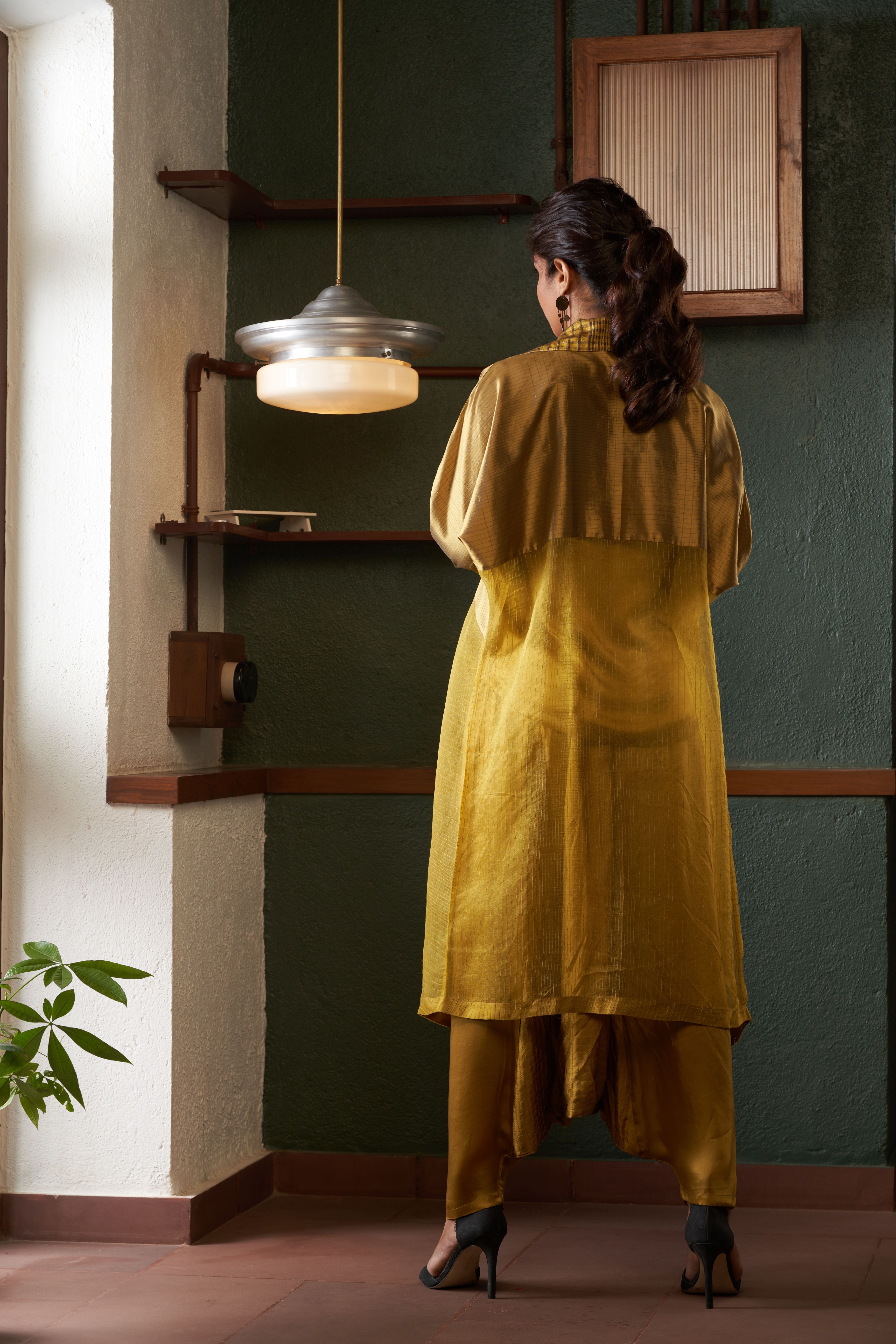 Mustard Silk And Khadi Jacket Set