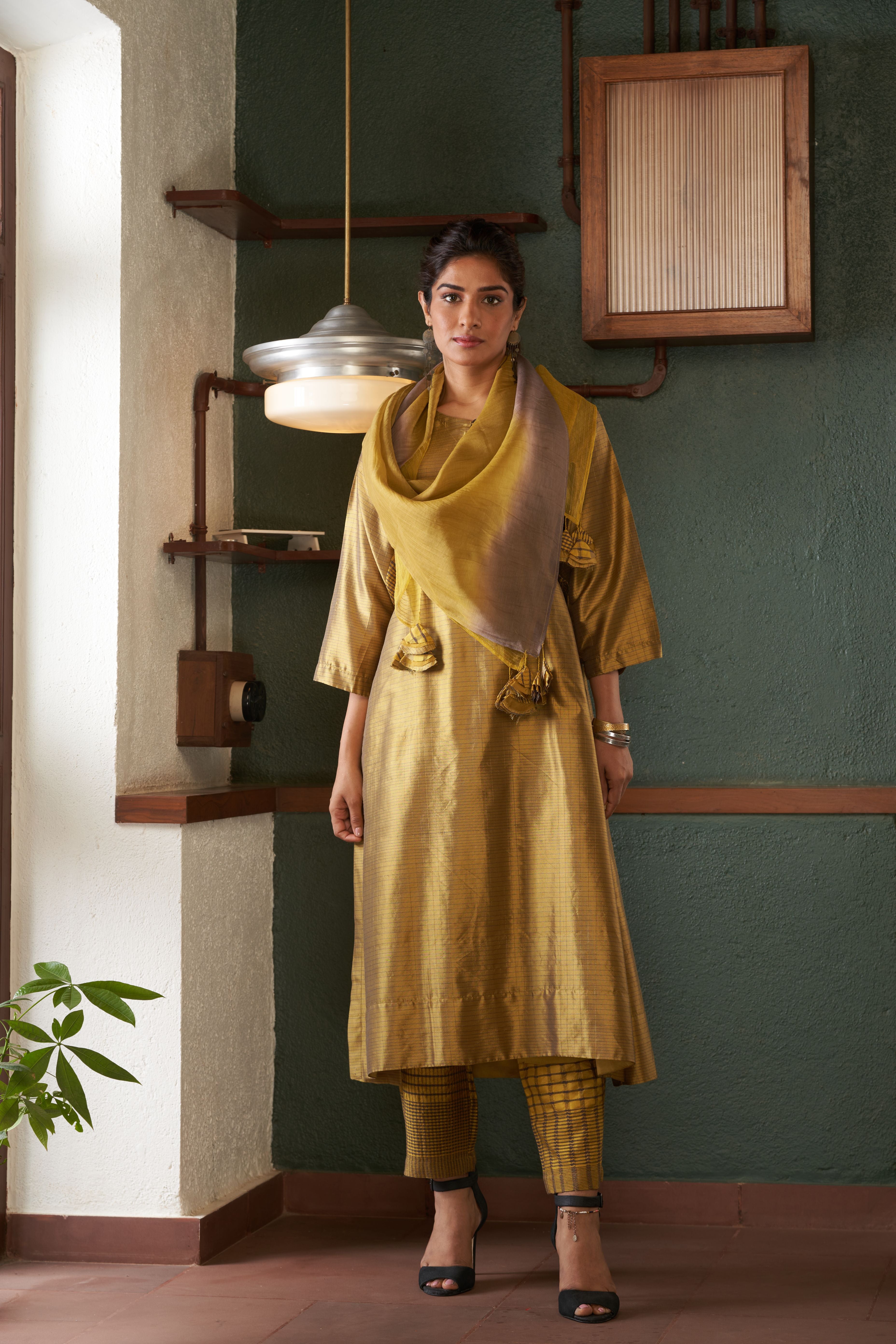 Mustard Silk And Khadi Kurta Set