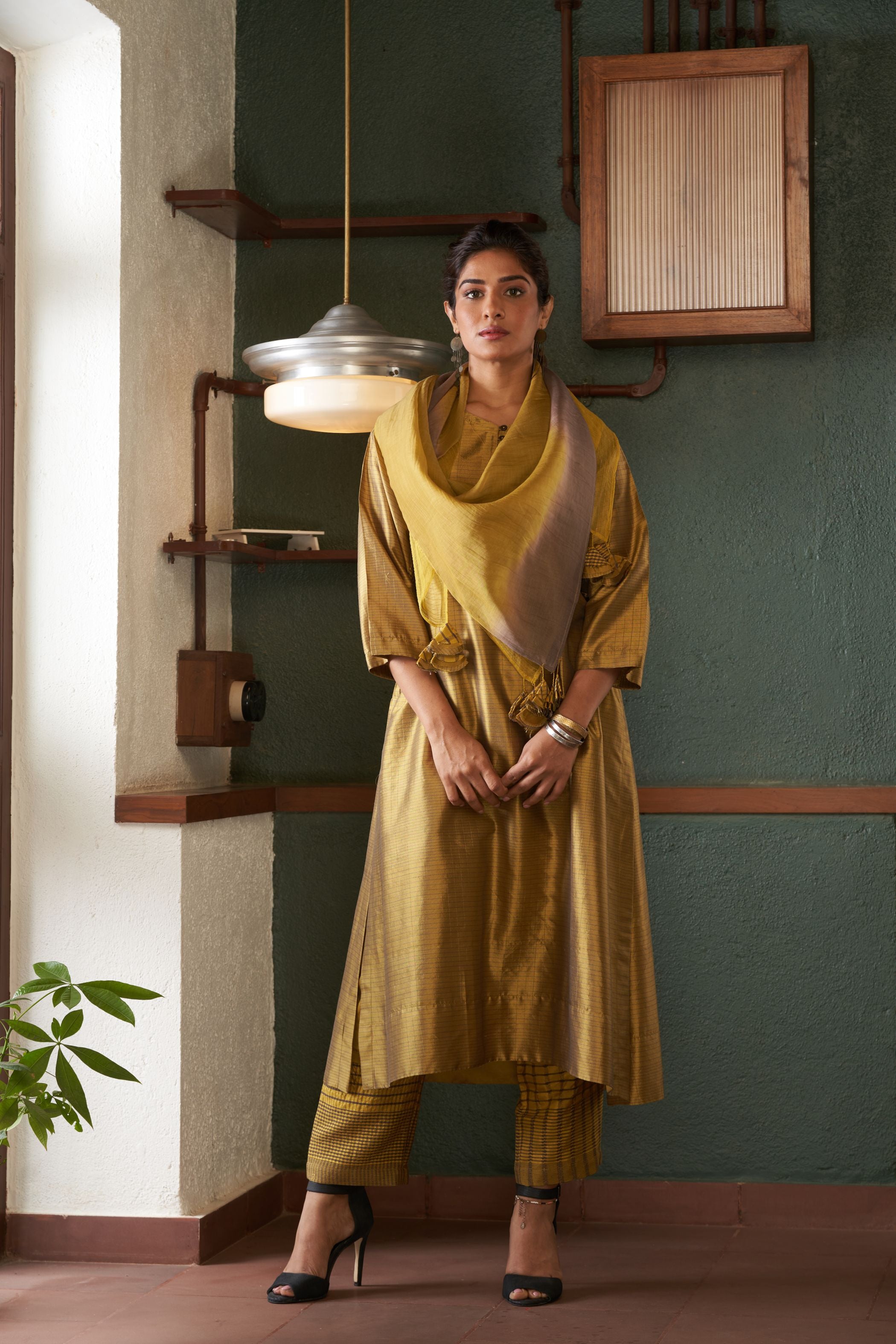 Mustard Silk And Khadi Kurta Set