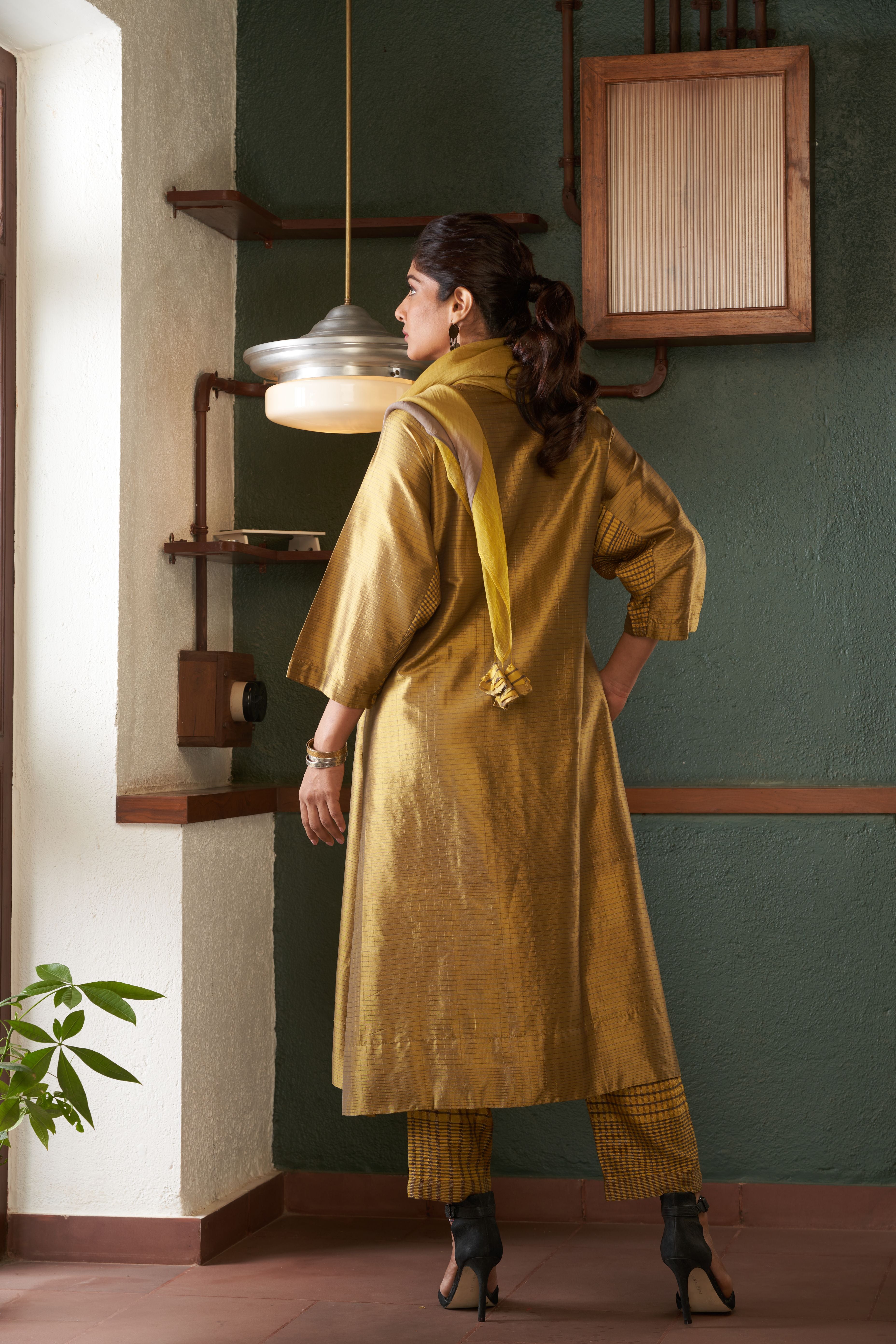 Mustard Silk And Khadi Kurta Set