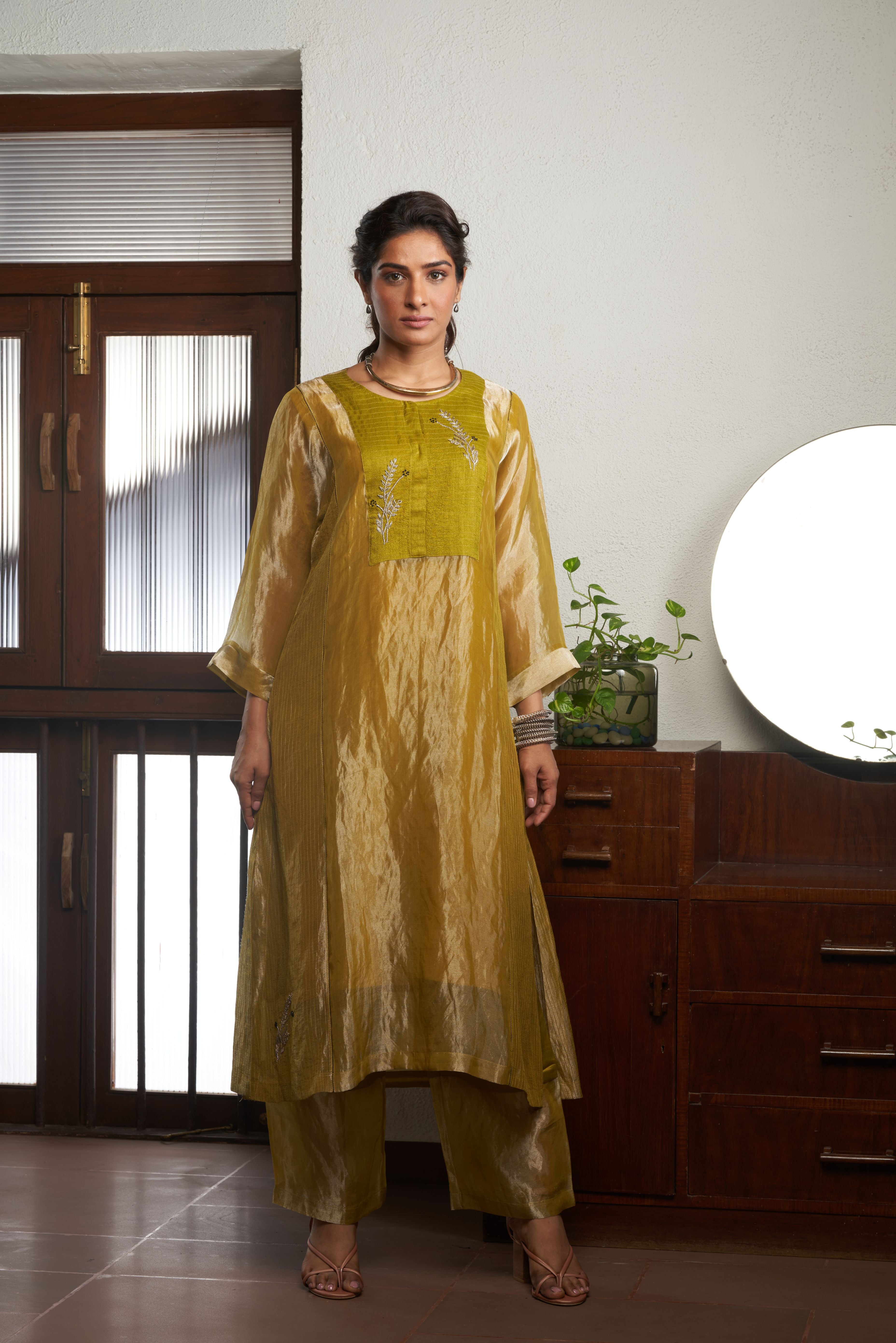 Oil Mustard Zari Tissue Kurta Set