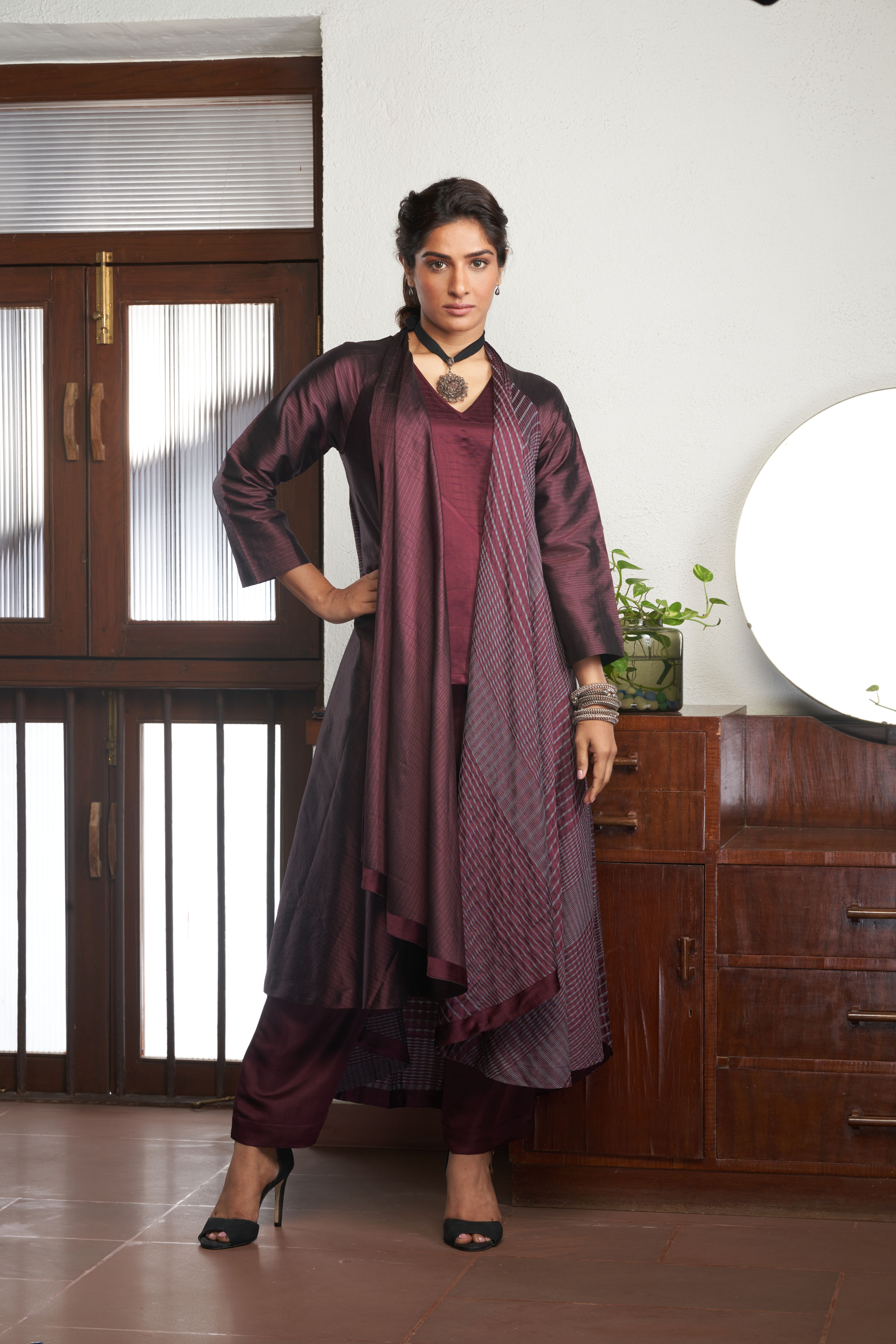 Wine Silk And Khadi Jacket Set