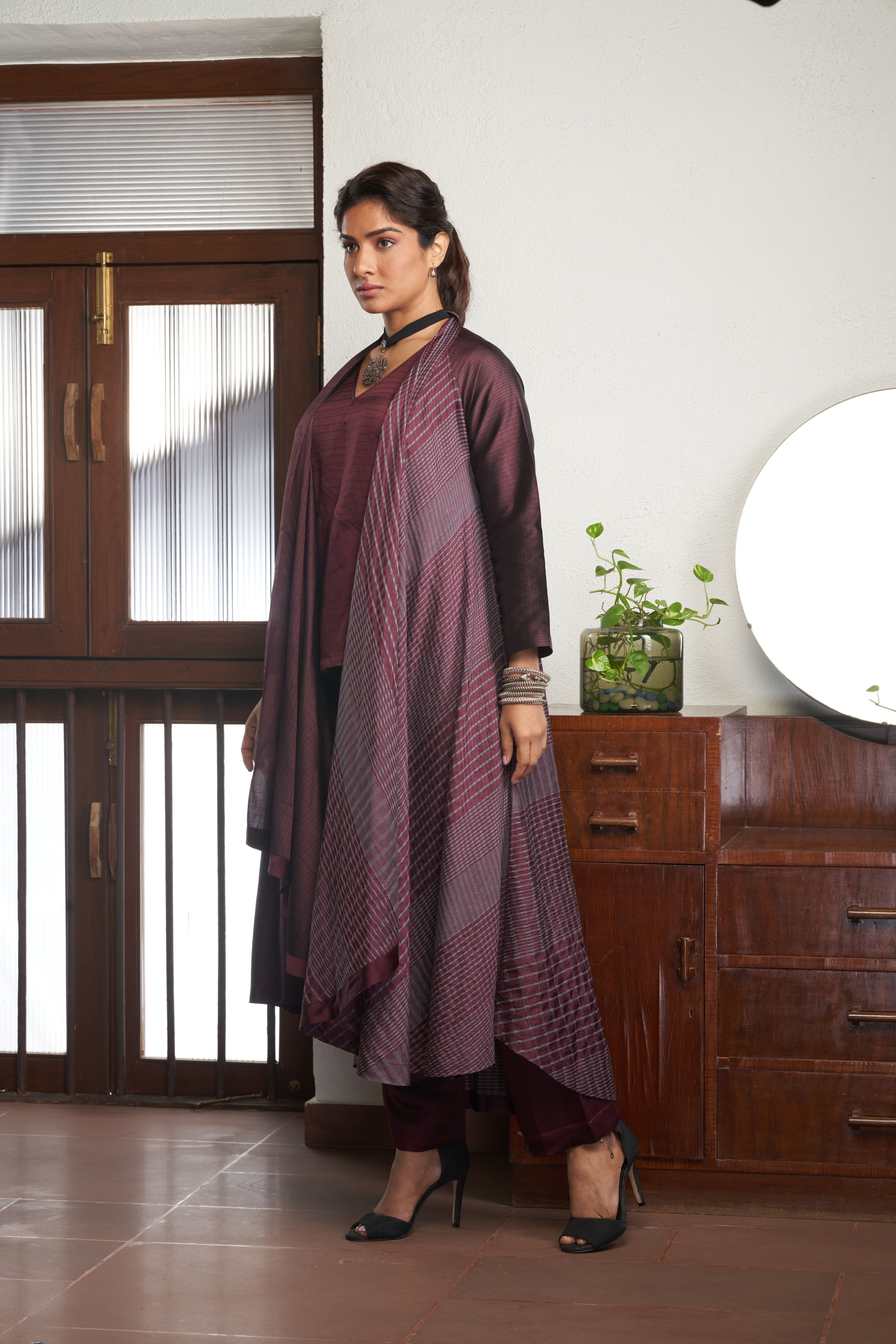 Wine Silk And Khadi Jacket Set