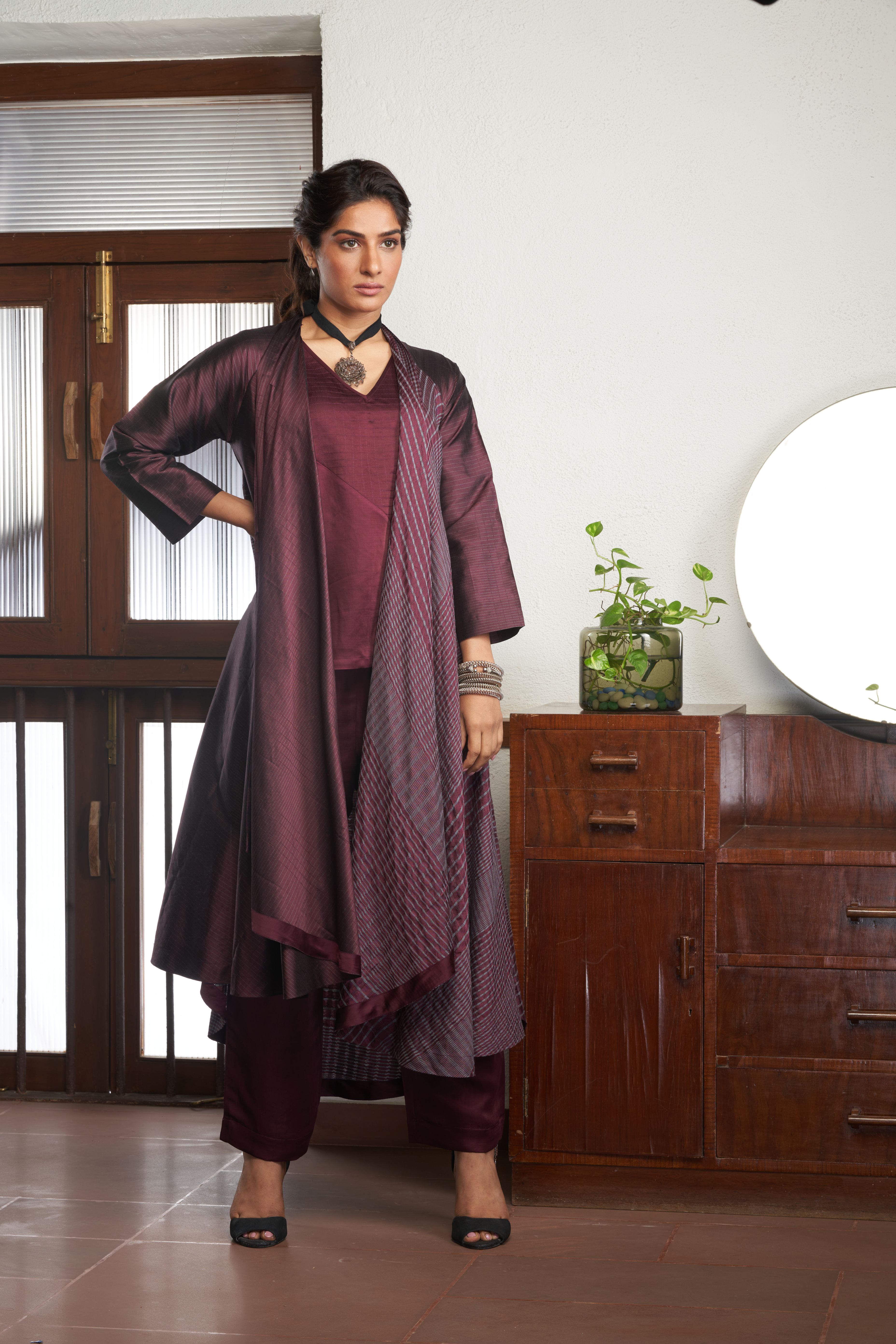 Wine Silk And Khadi Jacket Set