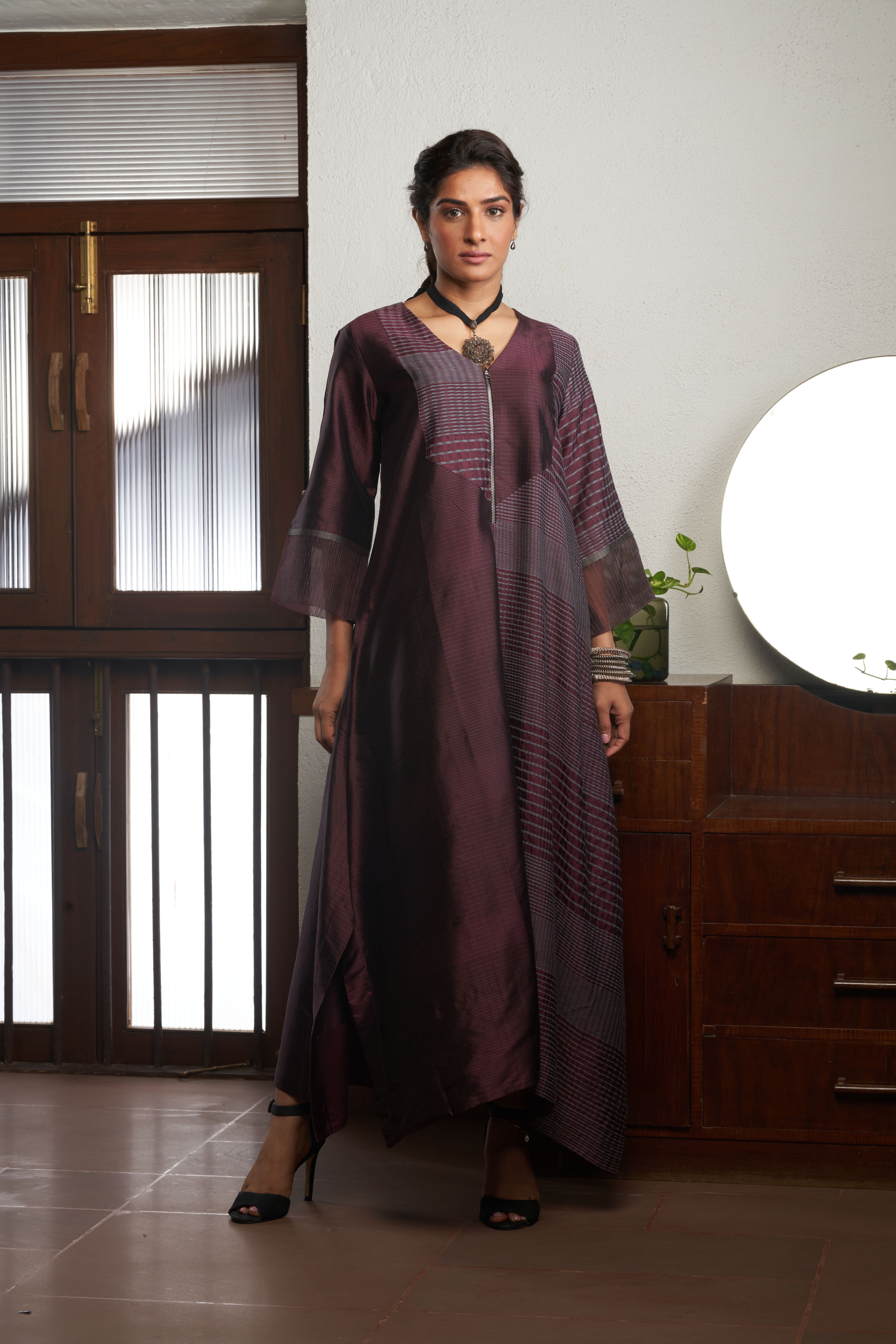 Wine Silk And Khadi Kaftan