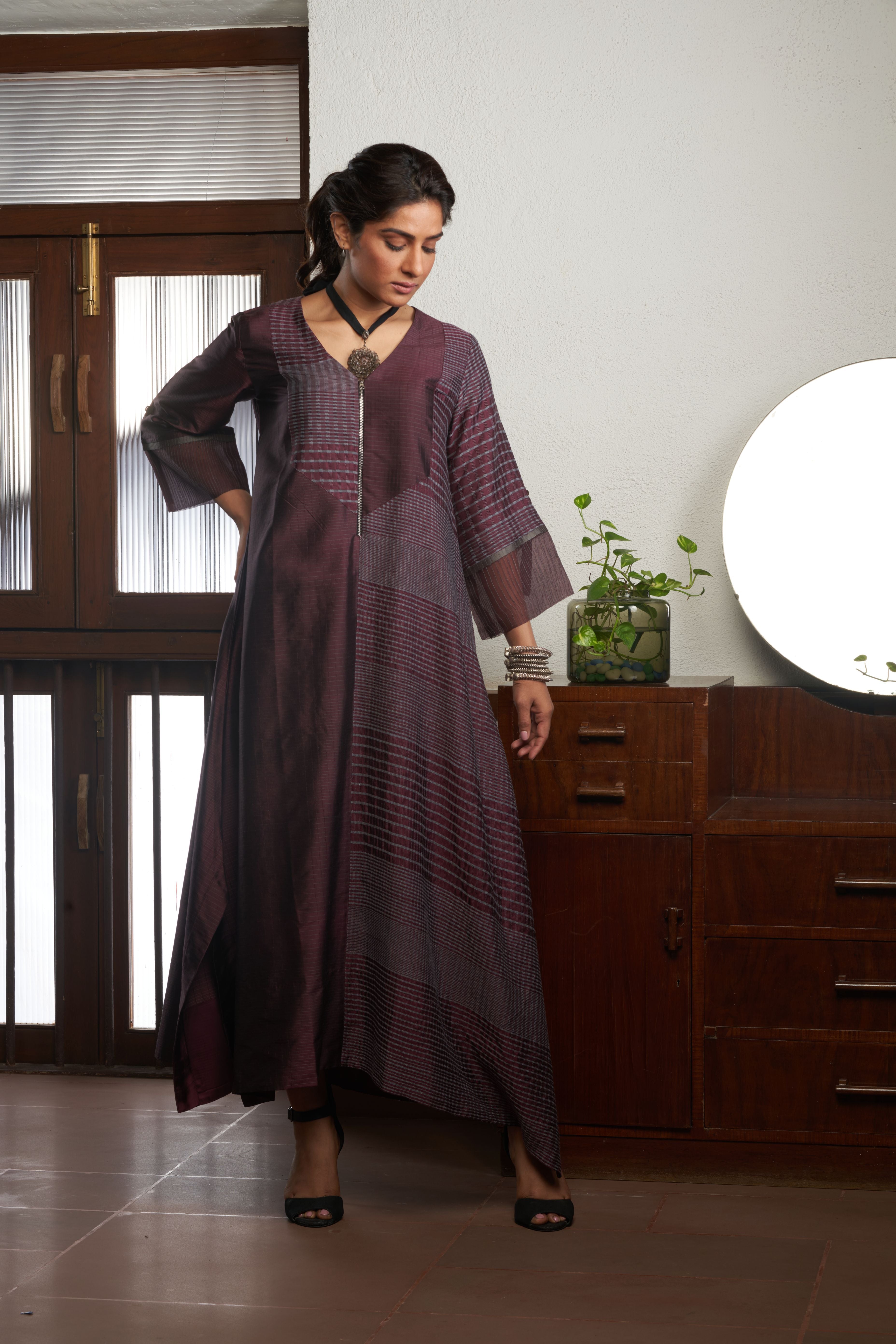 Wine Silk And Khadi Kaftan