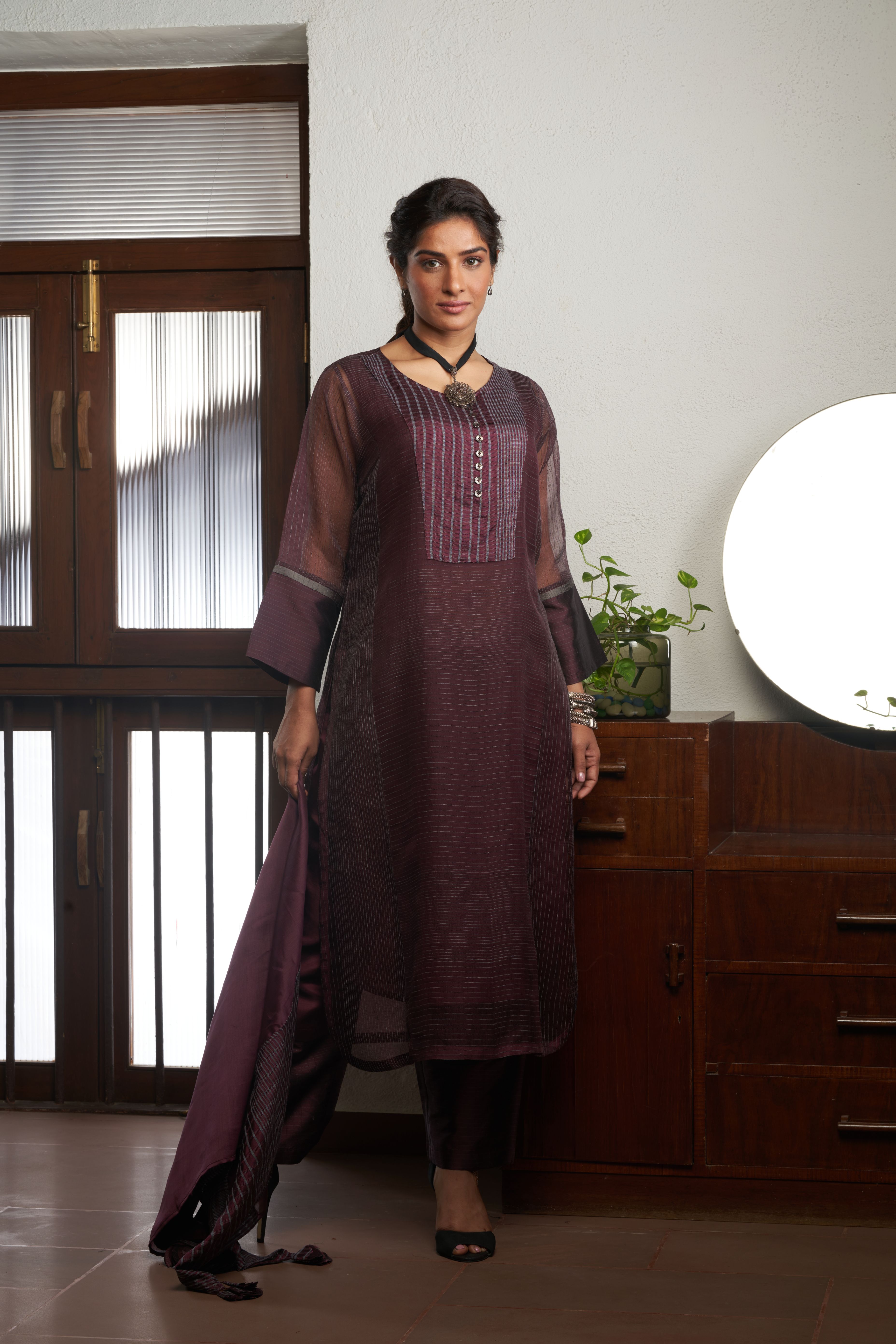 Wine Silk And Khadi Kurta Set