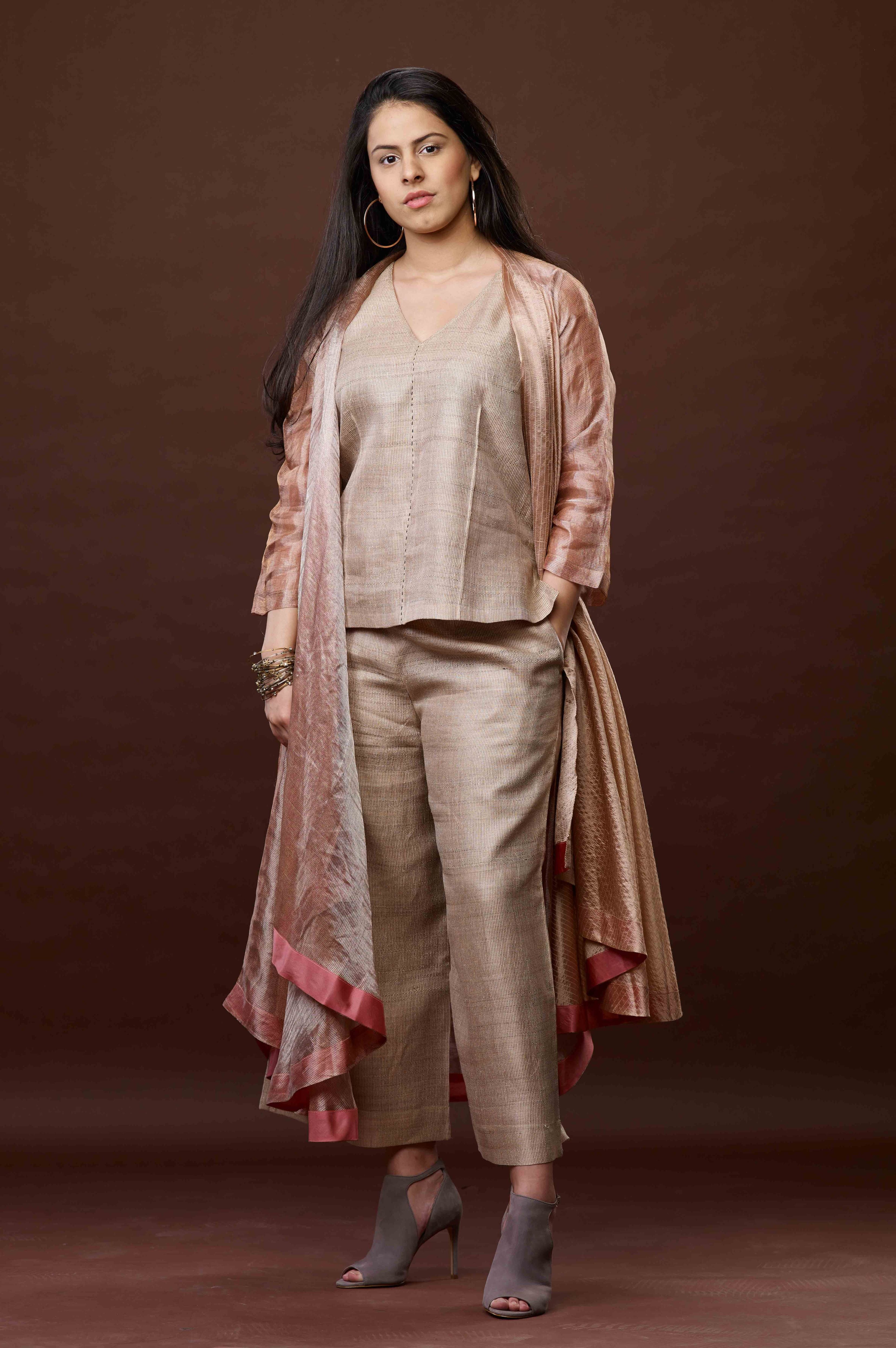 Rose Pink Zari And Tussar Khadi Jacket Set