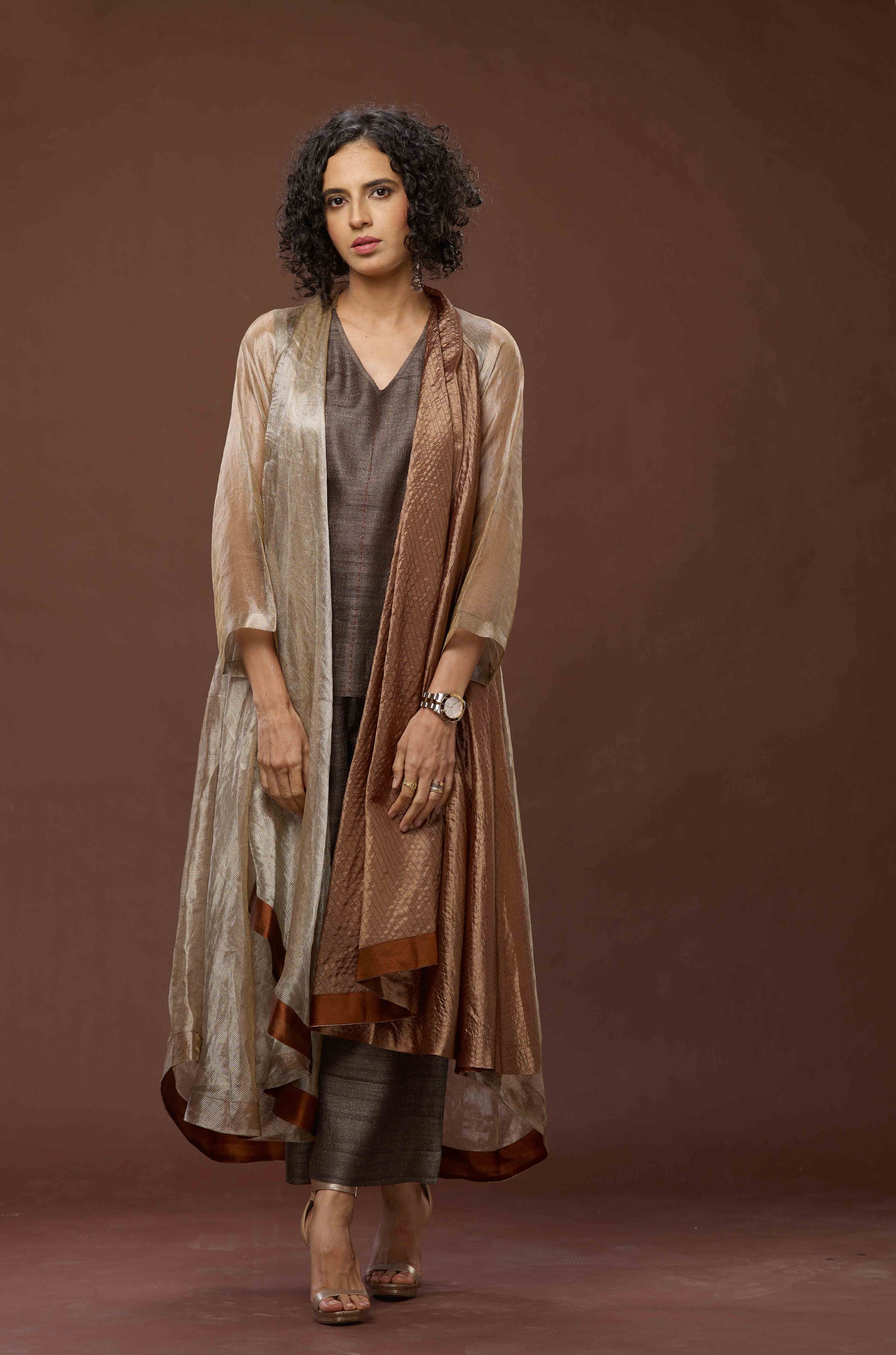 Copper Zari And Tussar Khadi Jacket Set