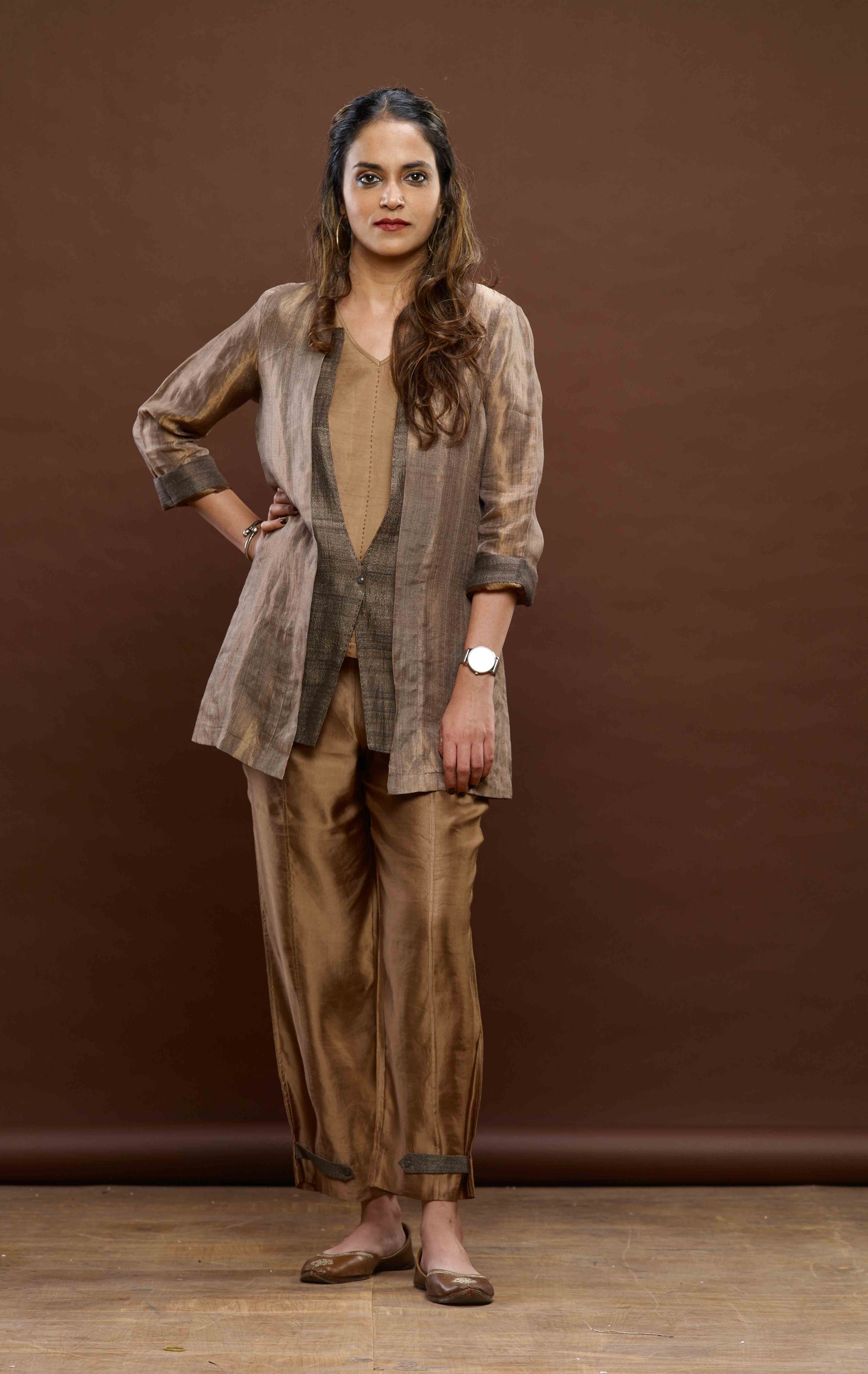 Copper Zari And Tussar Khadi Blazer Set