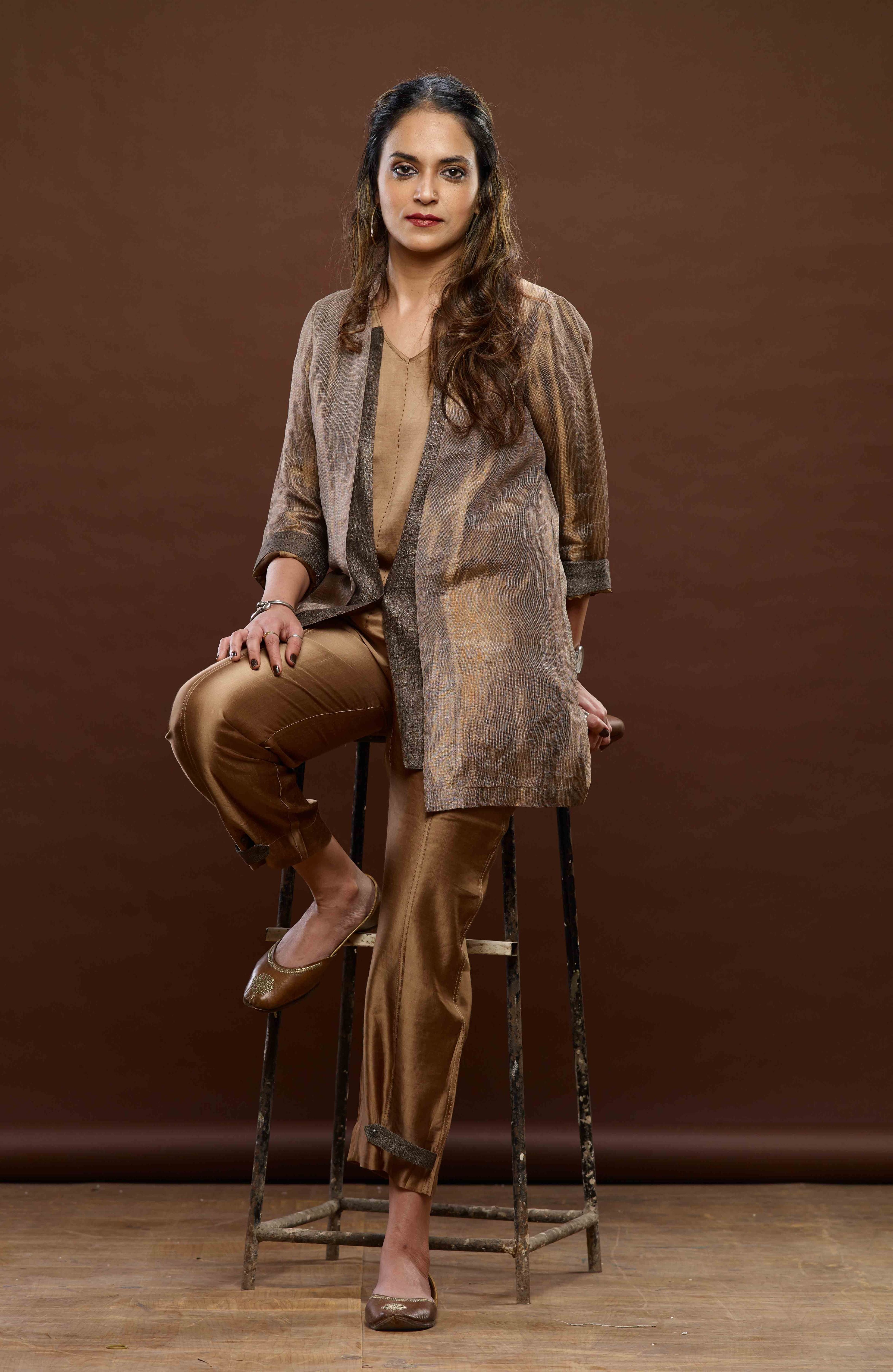 Copper Zari And Tussar Khadi Blazer Set
