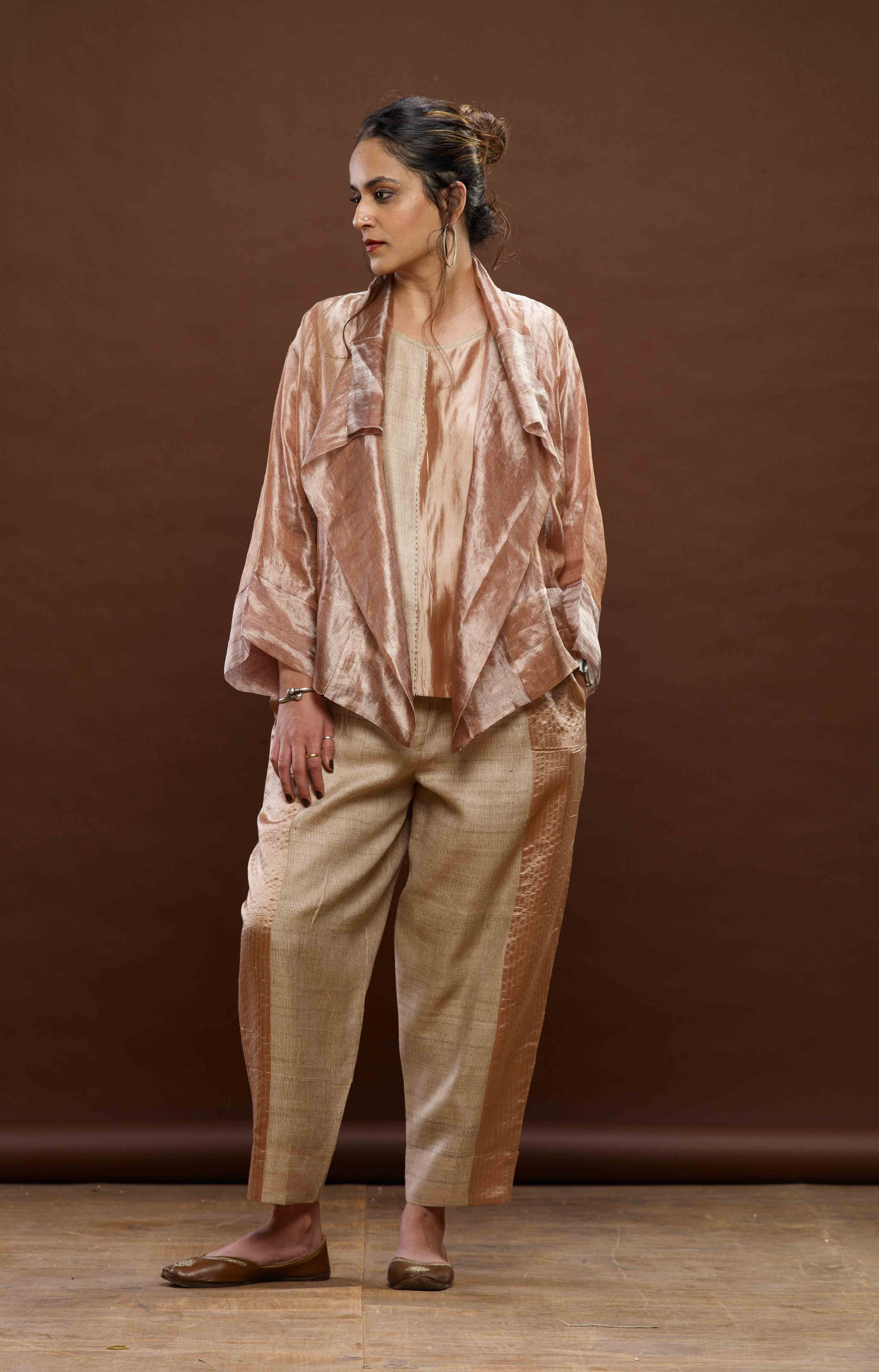 Rose Pink Zari And Tussar Khadi Jacket Set