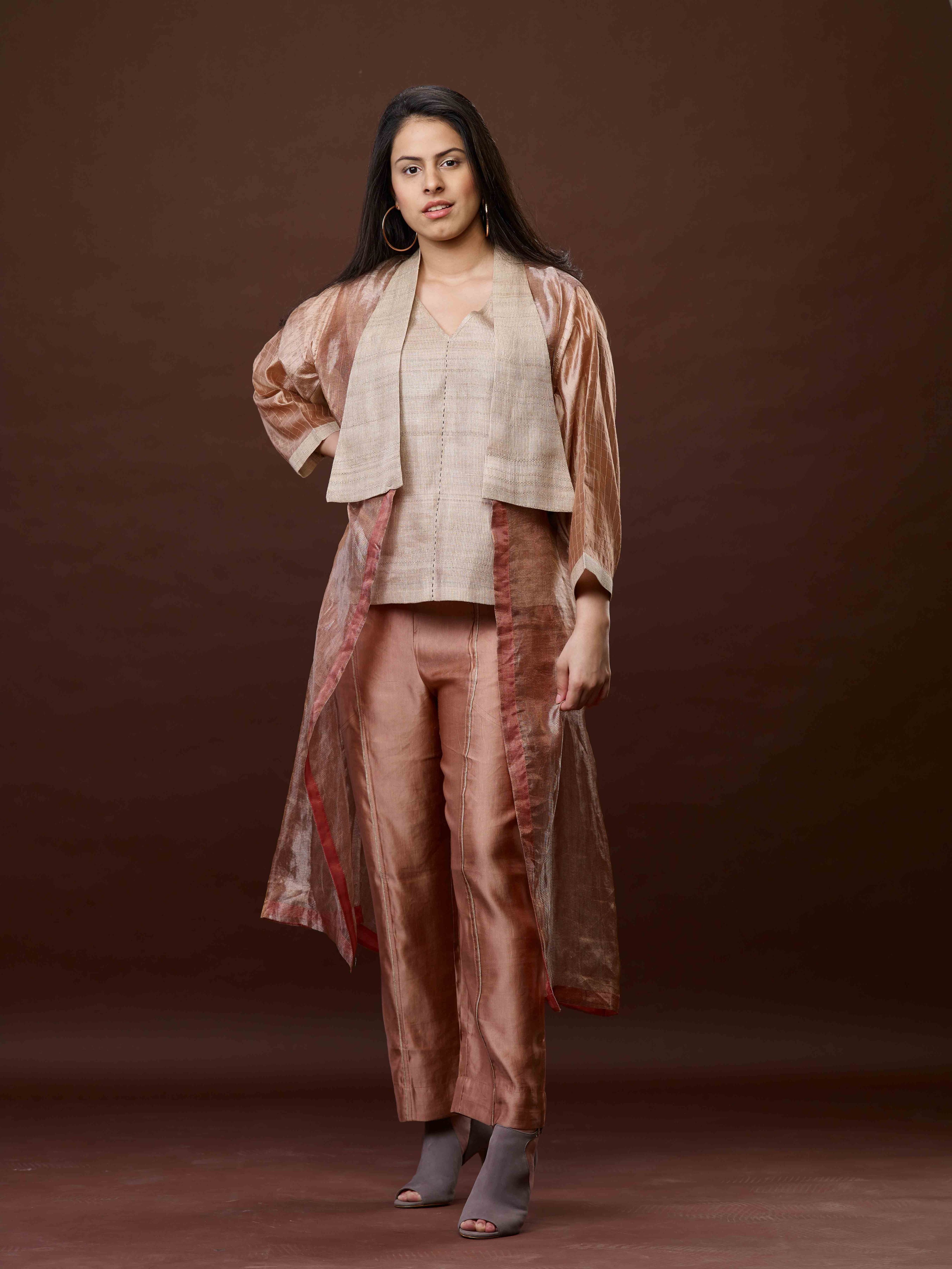Rose Pink Zari And Tussar Khadi Jacket Set