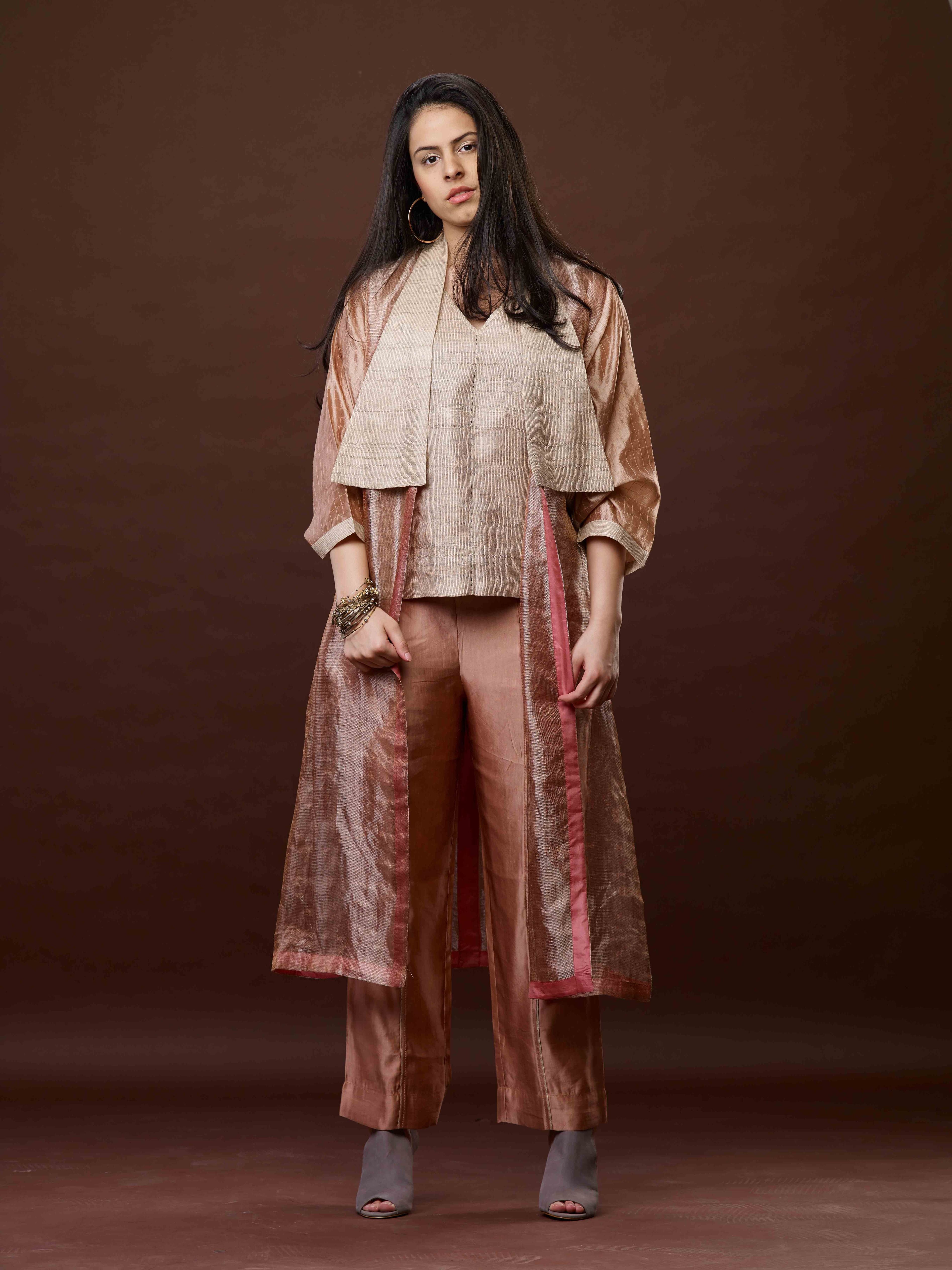 Rose Pink Zari And Tussar Khadi Jacket Set