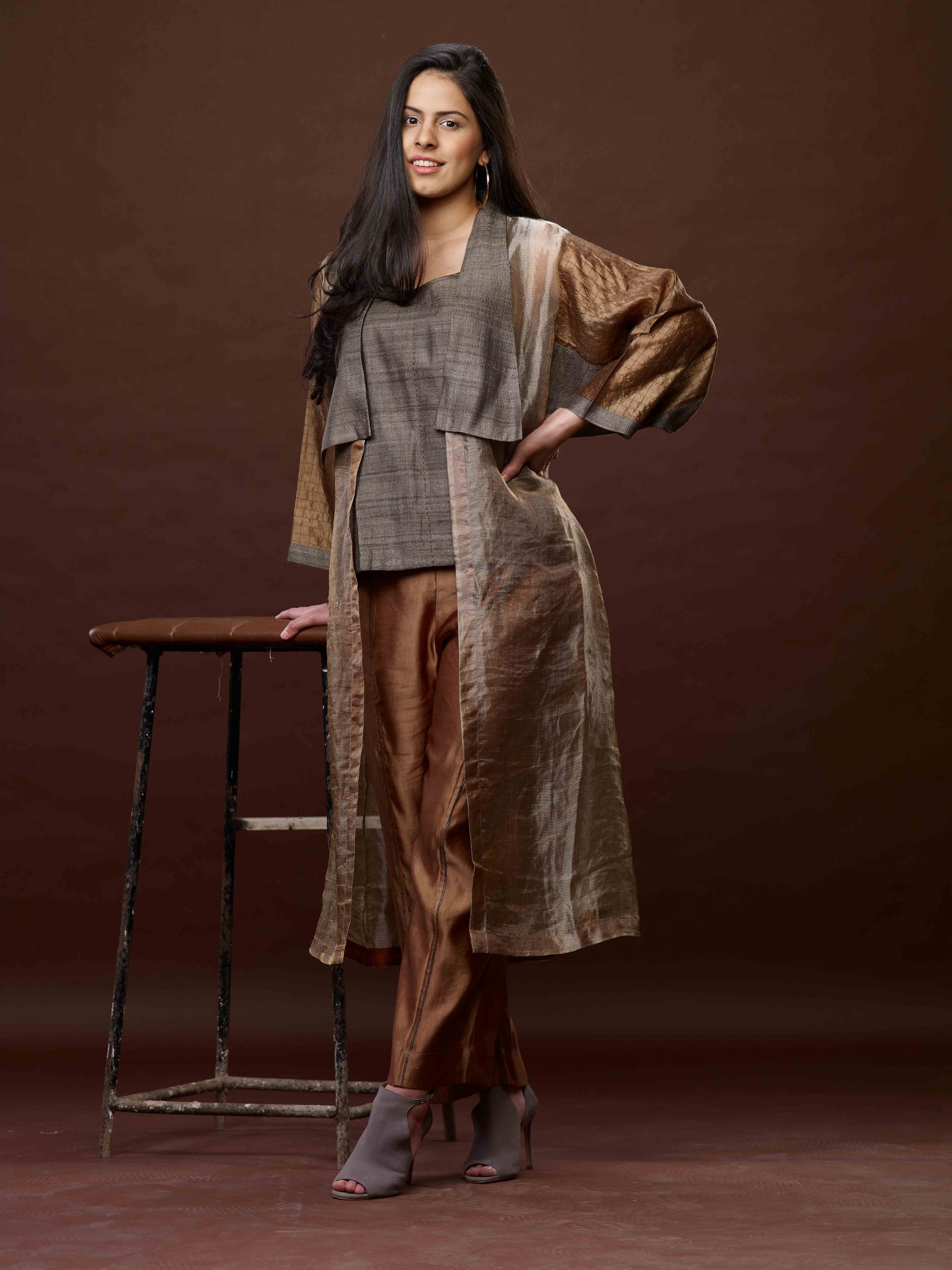 Copper Zari And Tussar Khadi Jacket Set