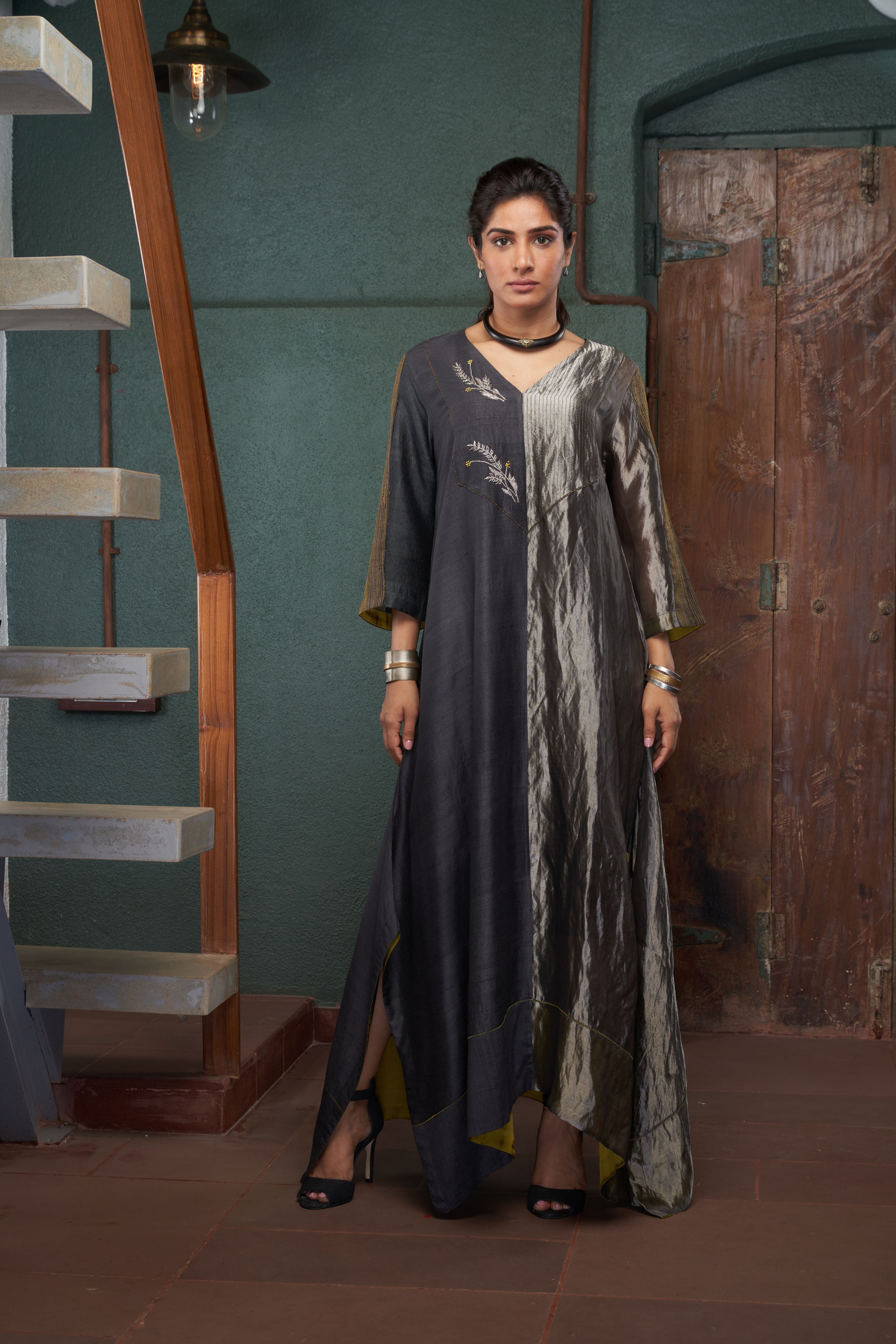 Charcoal Tussar Zari Kaftan