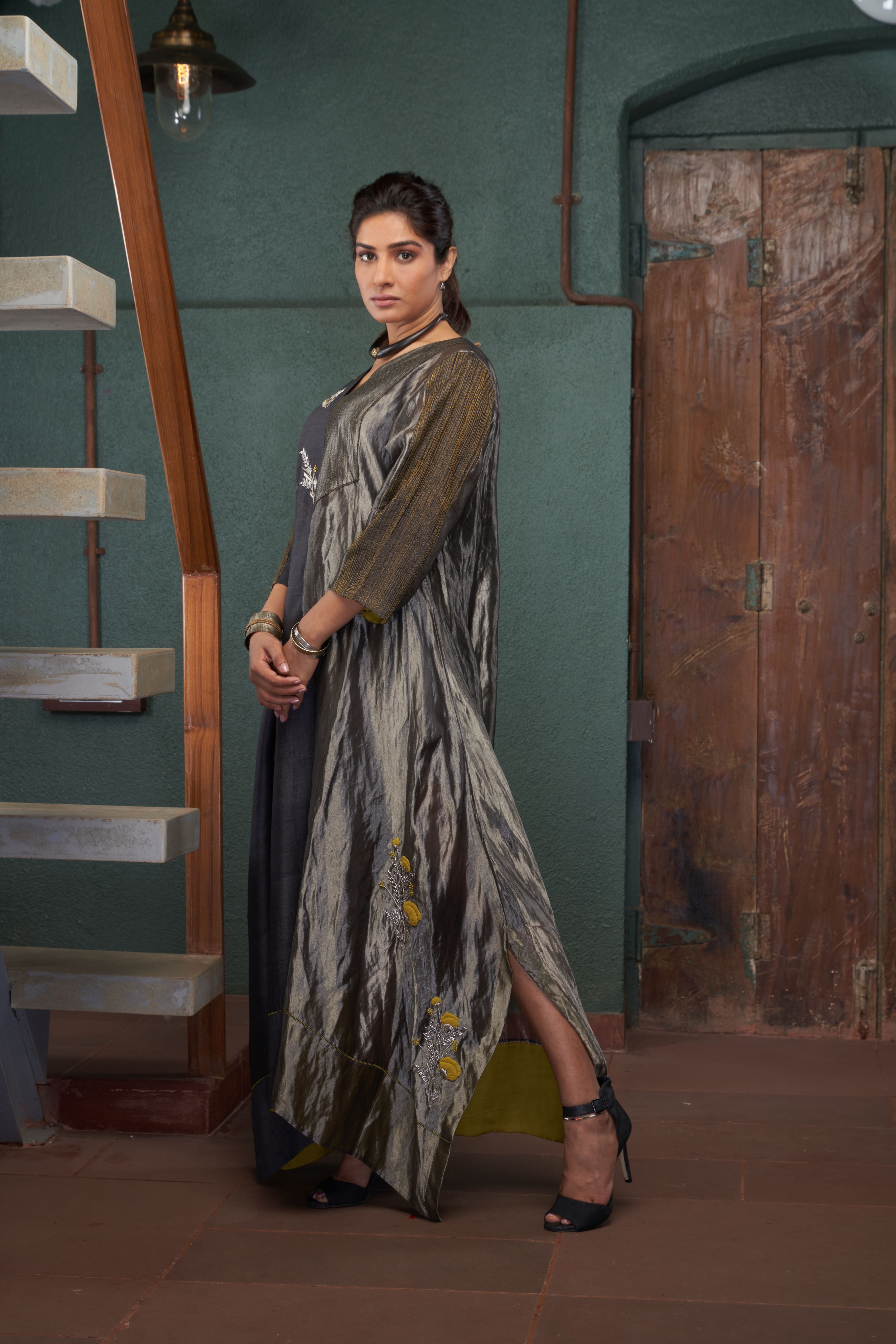Charcoal Tussar Zari Kaftan