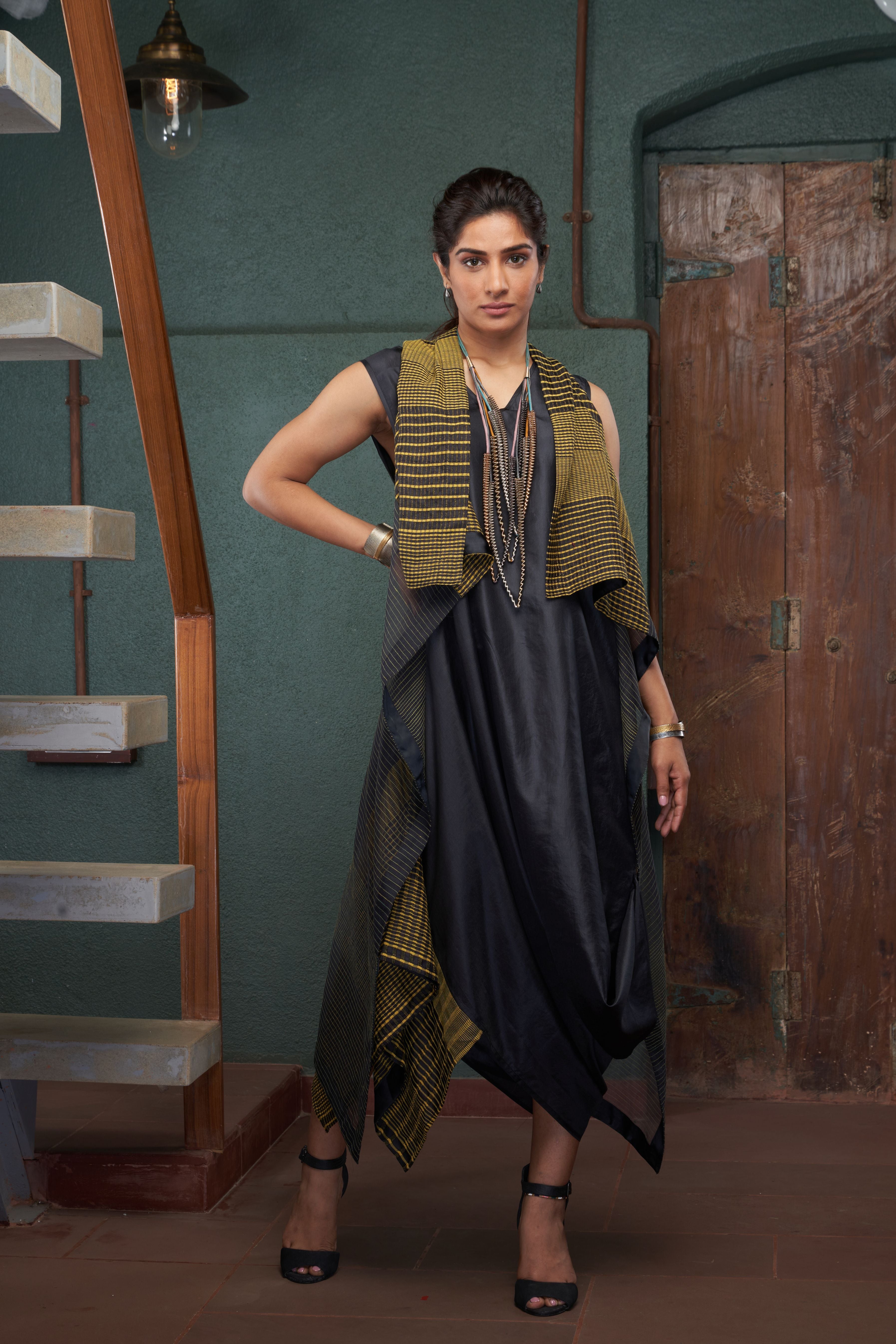 Charcoal Silk And Khadi Dress Set