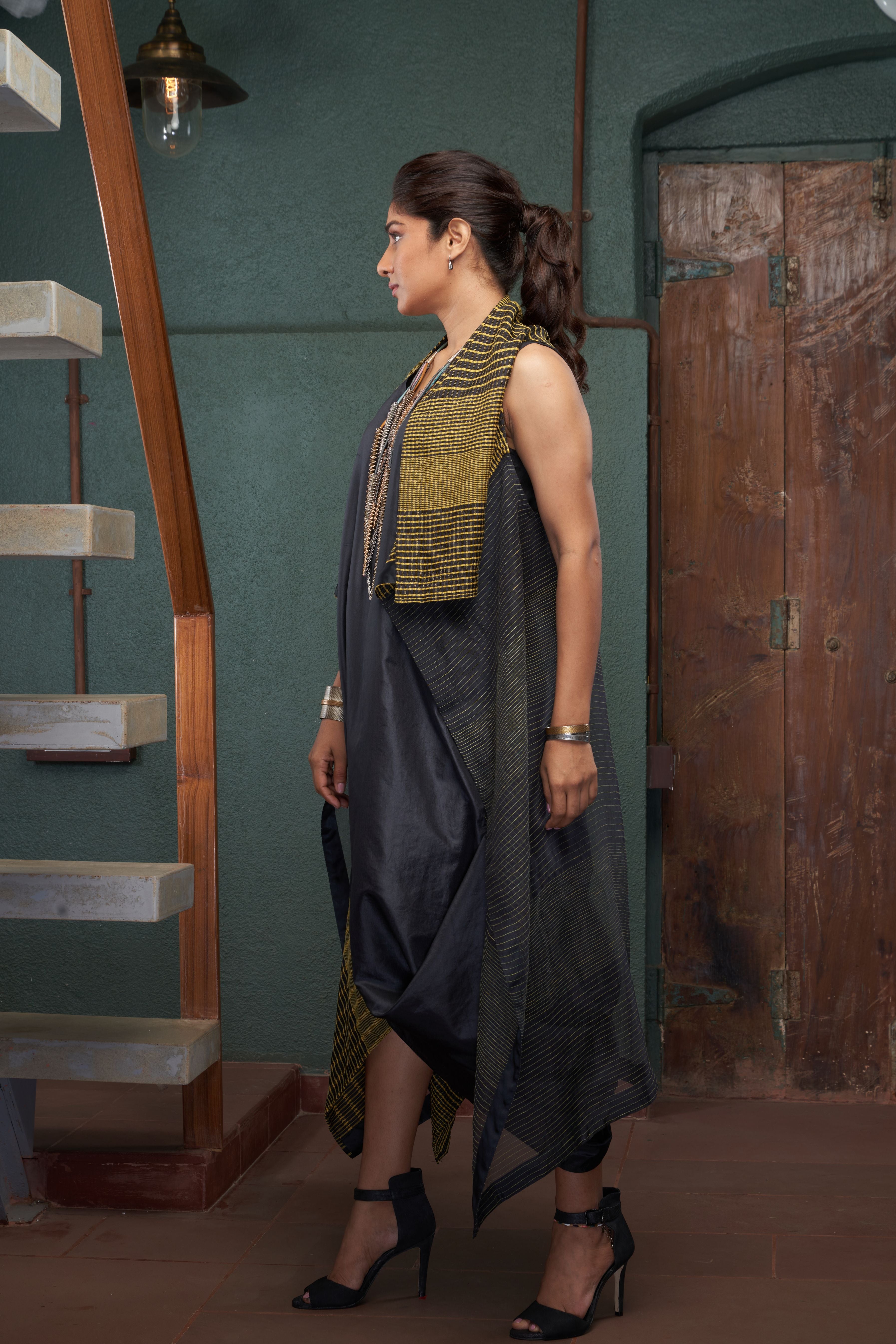Charcoal Silk And Khadi Dress Set