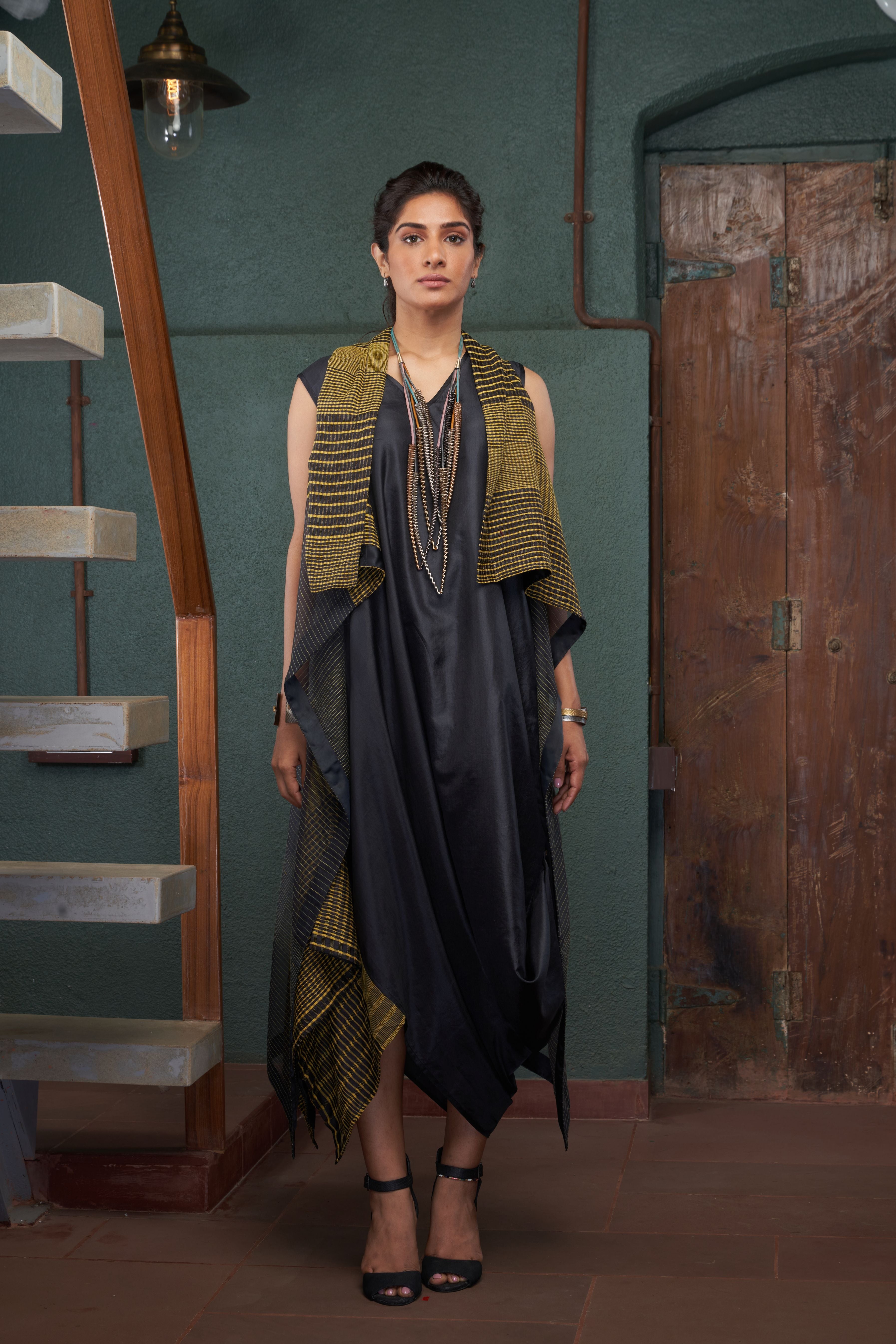 Charcoal Silk And Khadi Dress Set