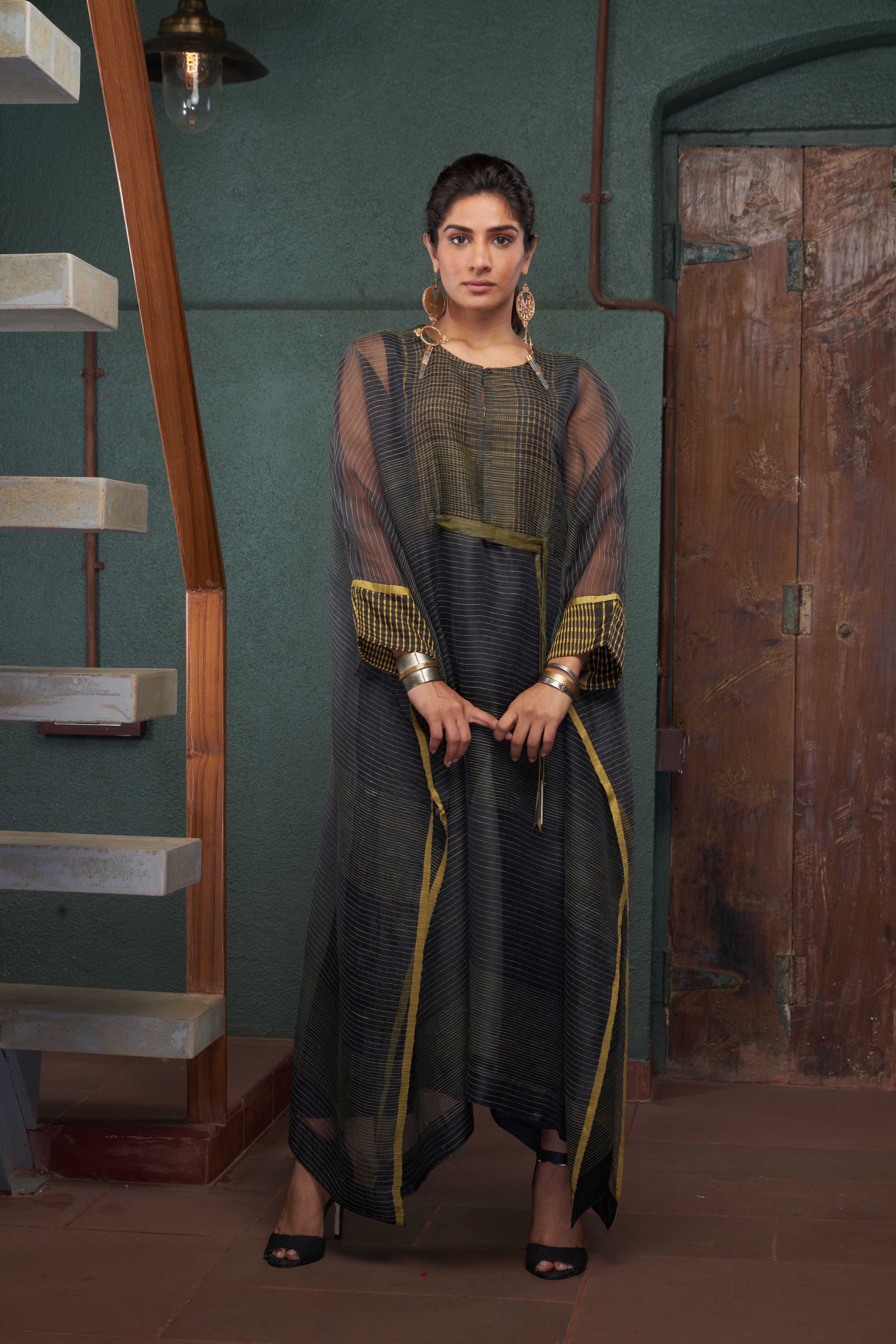 Charcoal Silk And Khadi Kaftan Set