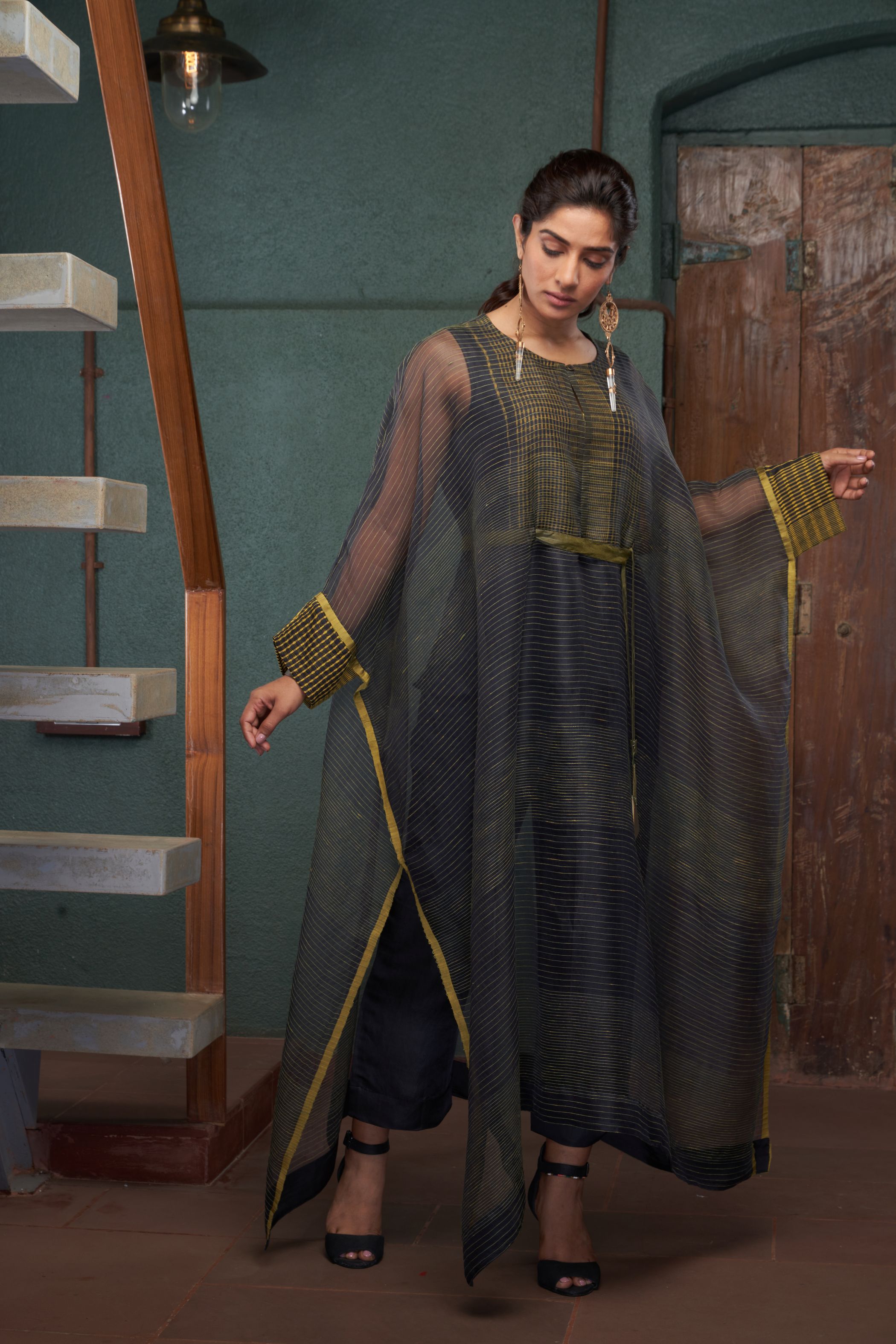 Charcoal Silk And Khadi Kaftan Set