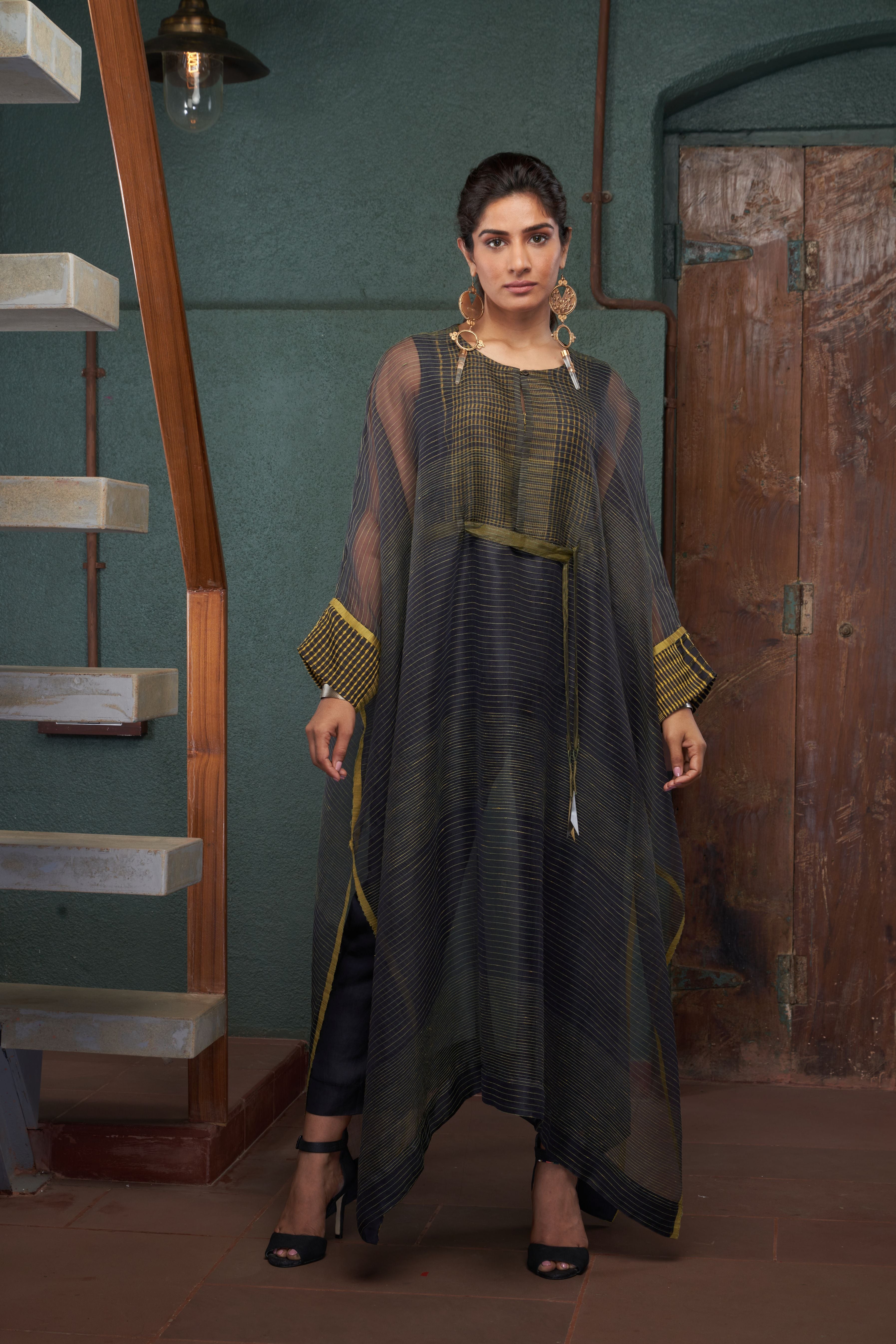 Charcoal Silk And Khadi Kaftan Set