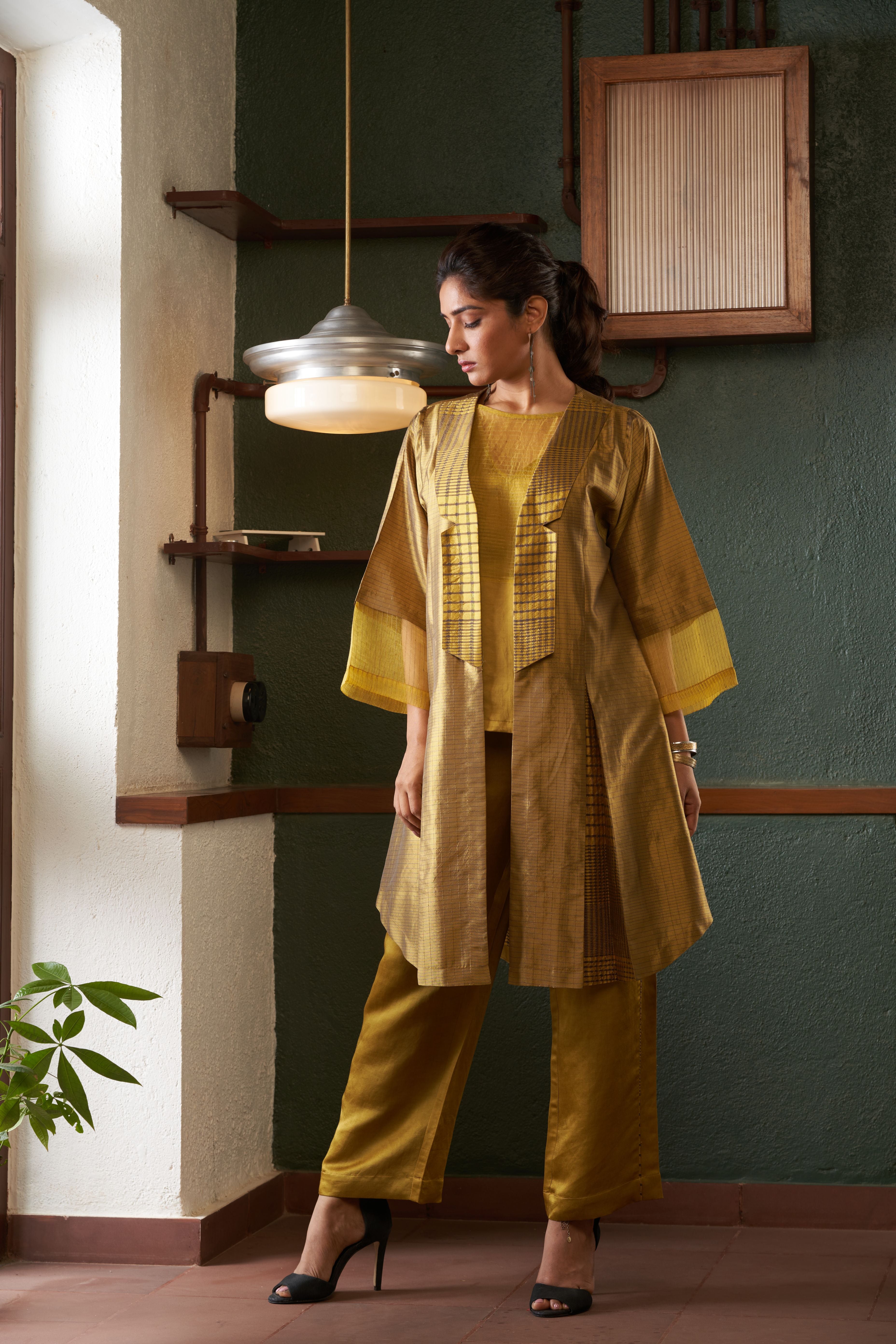 Mustard Silk And Khadi Jacket Set
