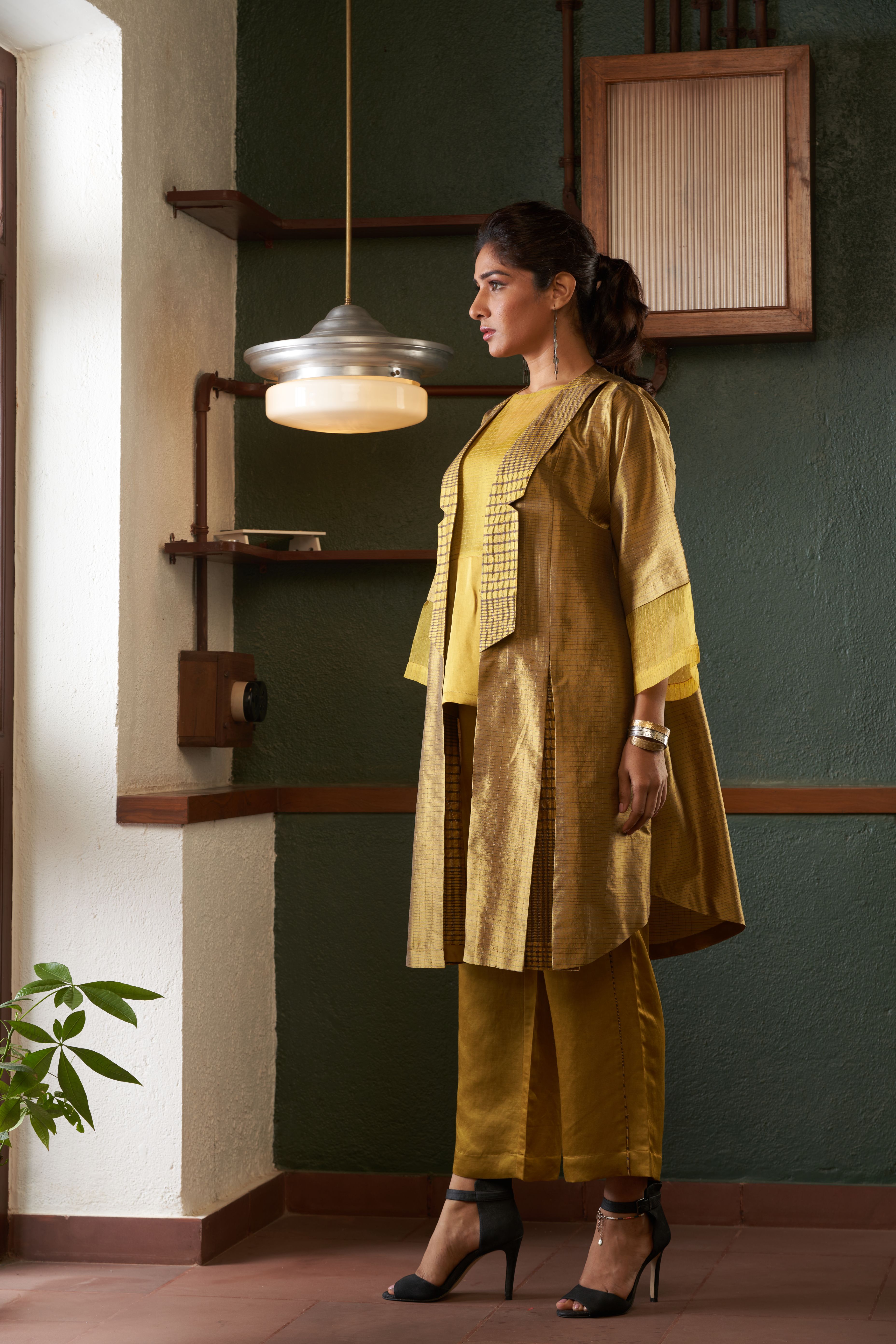 Mustard Silk And Khadi Jacket Set