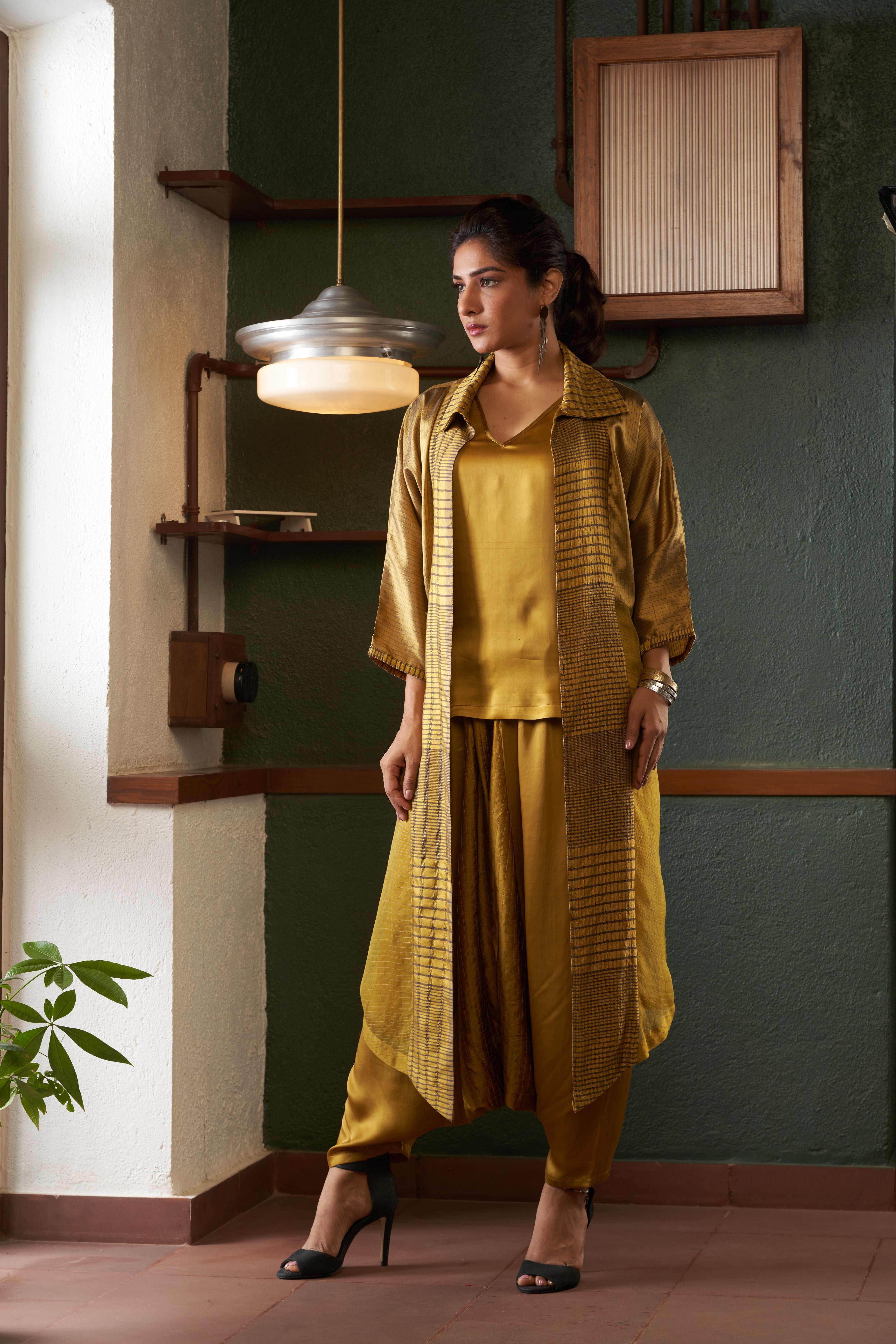 Mustard Silk And Khadi Jacket Set