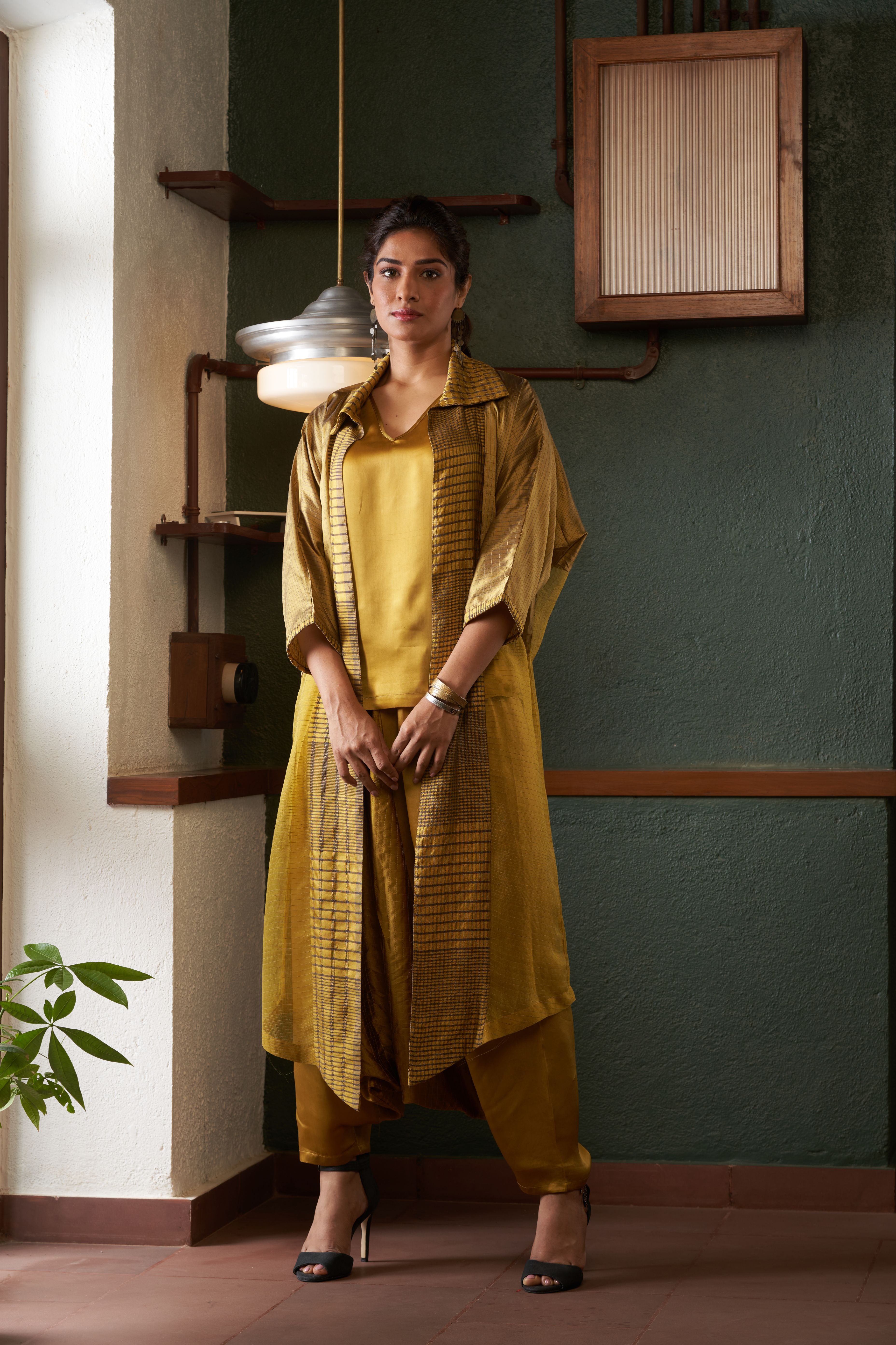 Mustard Silk And Khadi Jacket Set