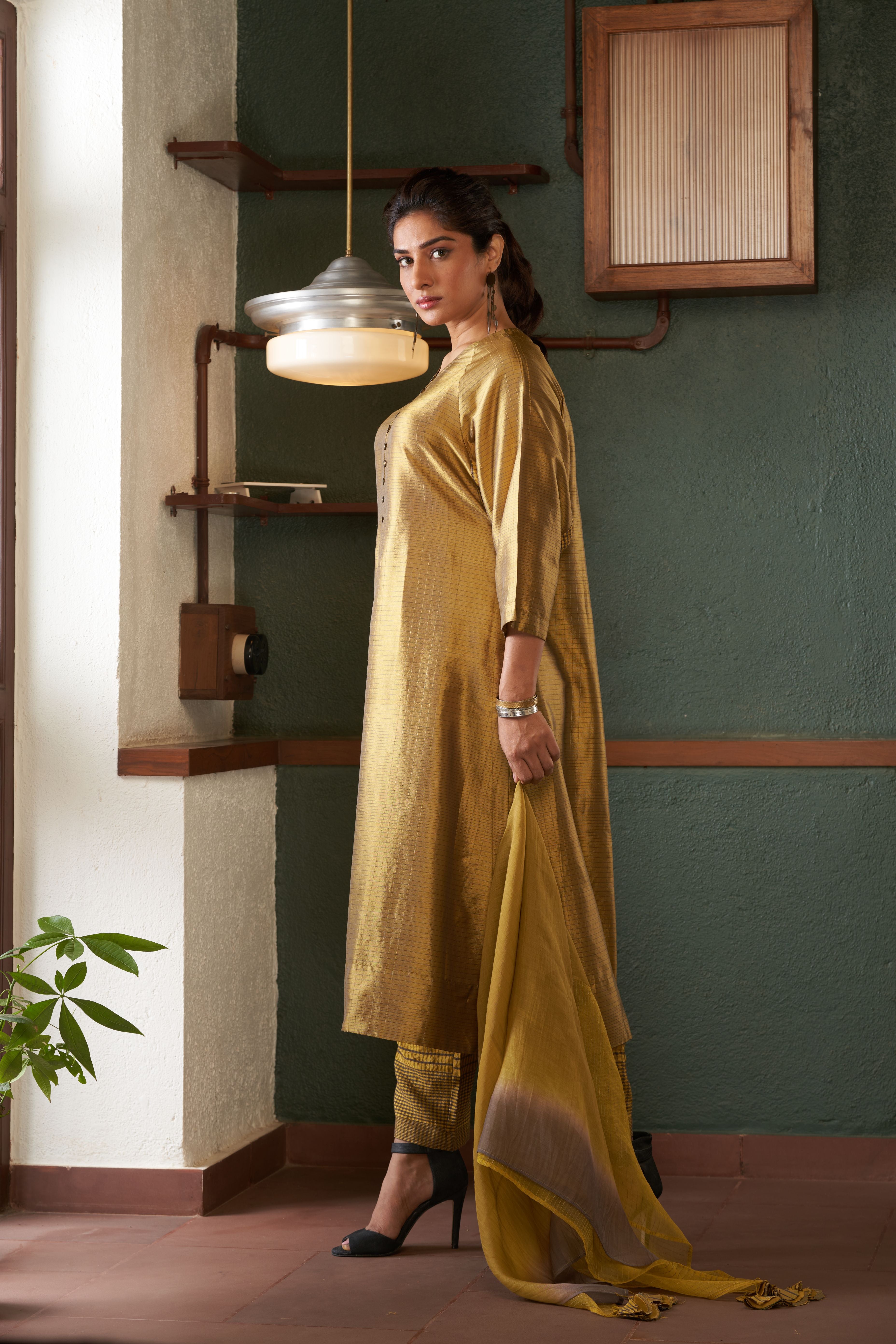 Mustard Silk And Khadi Kurta Set