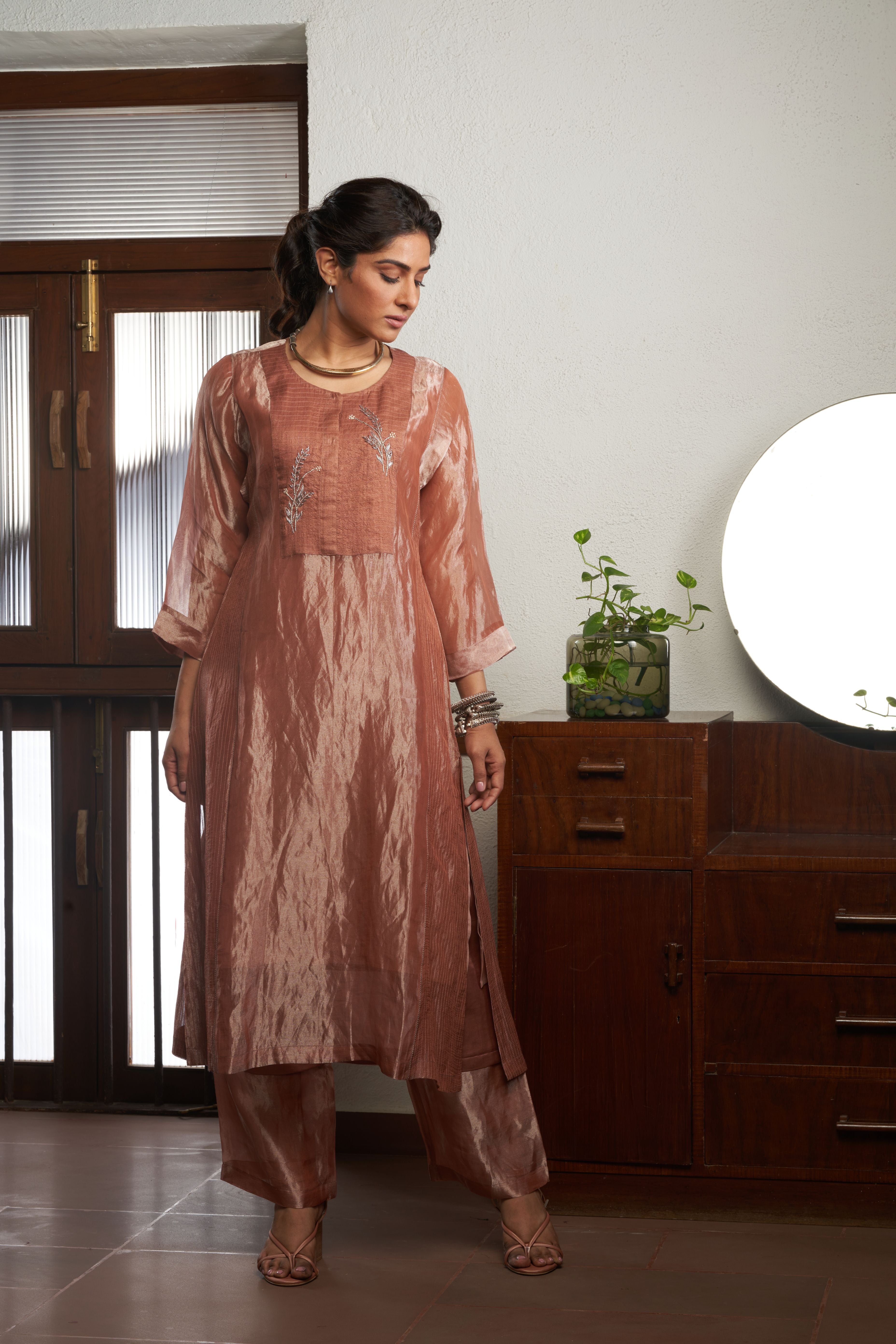 Peach Zari Tissue Kurta Set