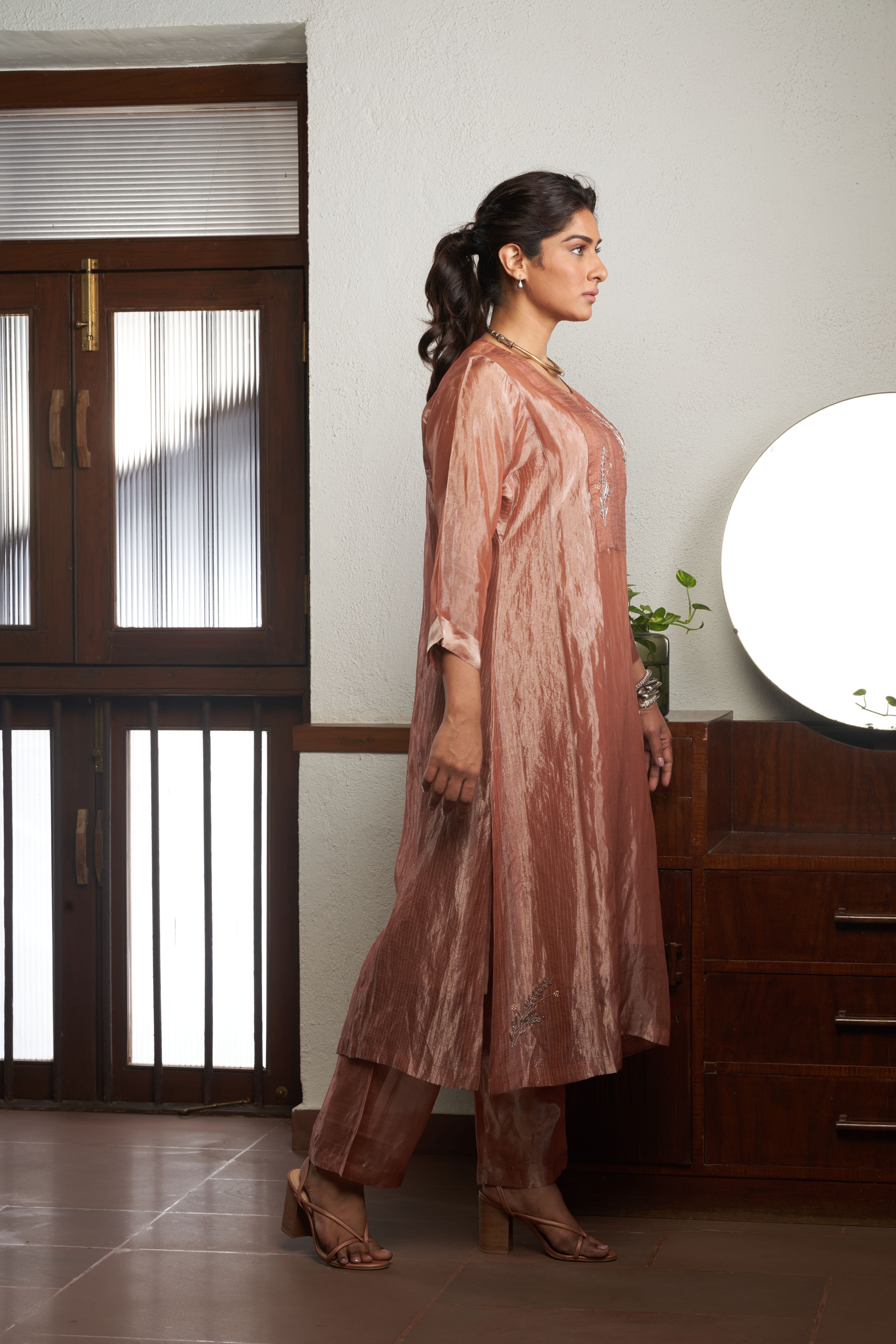 Peach Zari Tissue Kurta Set