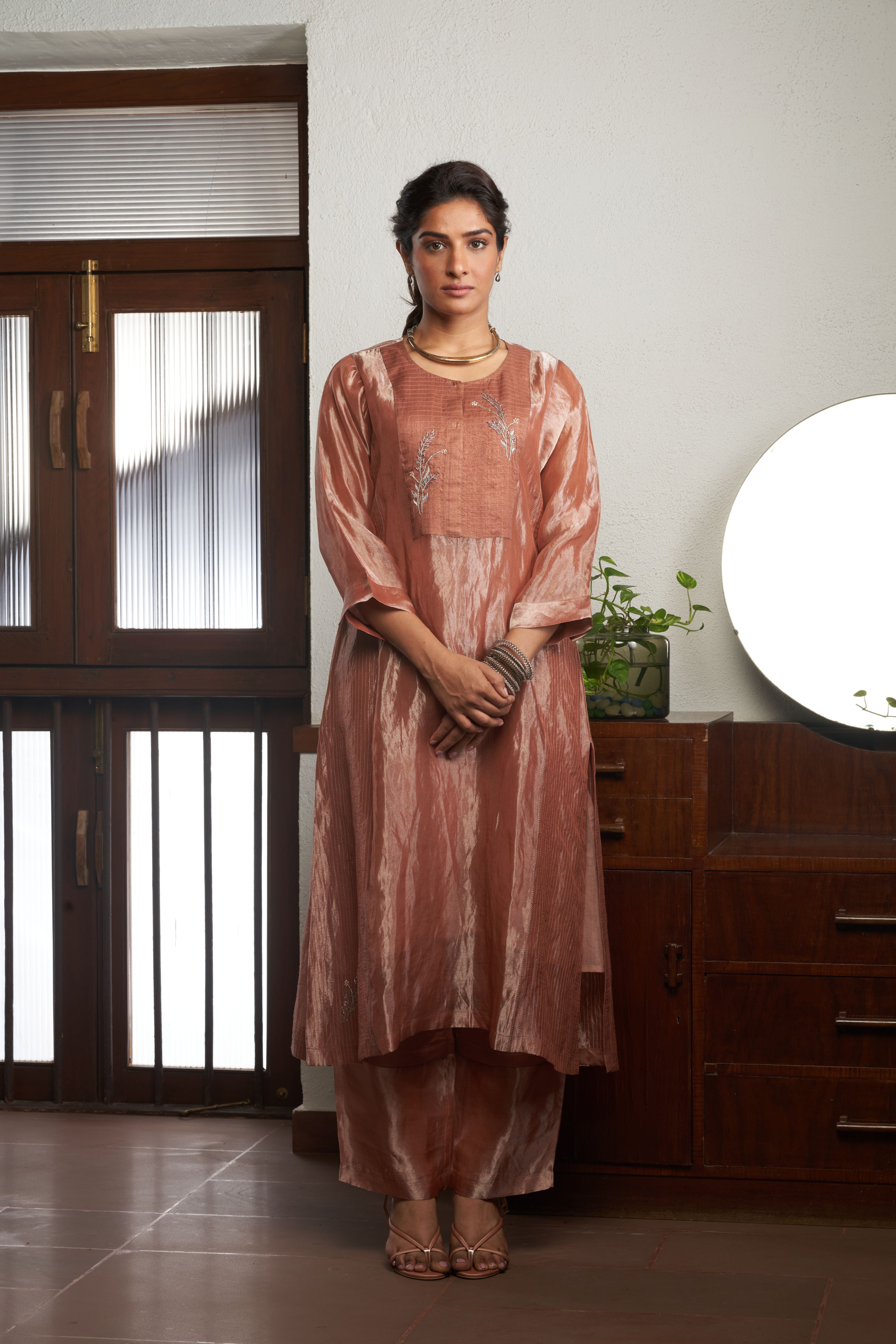 Peach Zari Tissue Kurta Set