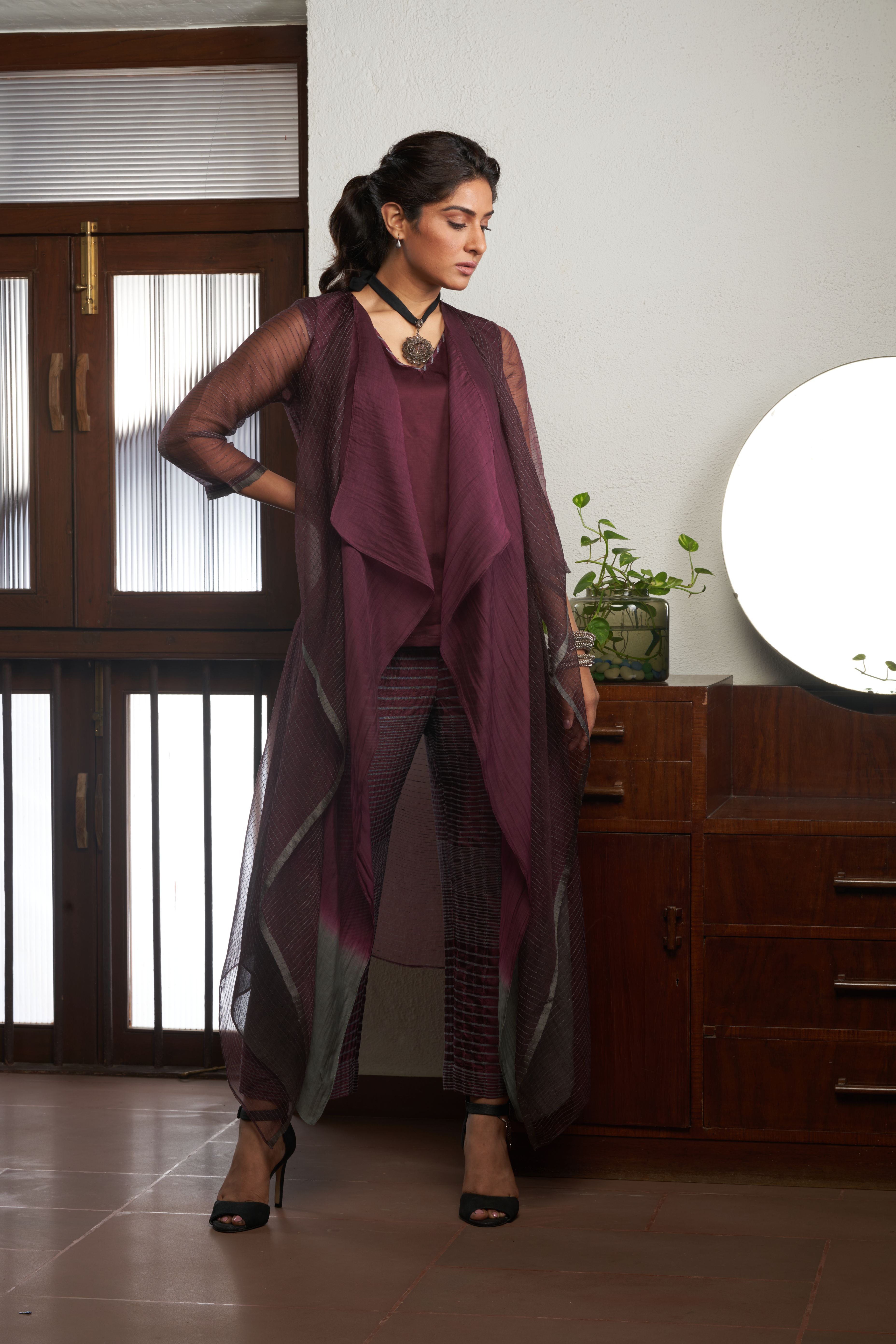 Wine Silk And Khadi Jacket Set