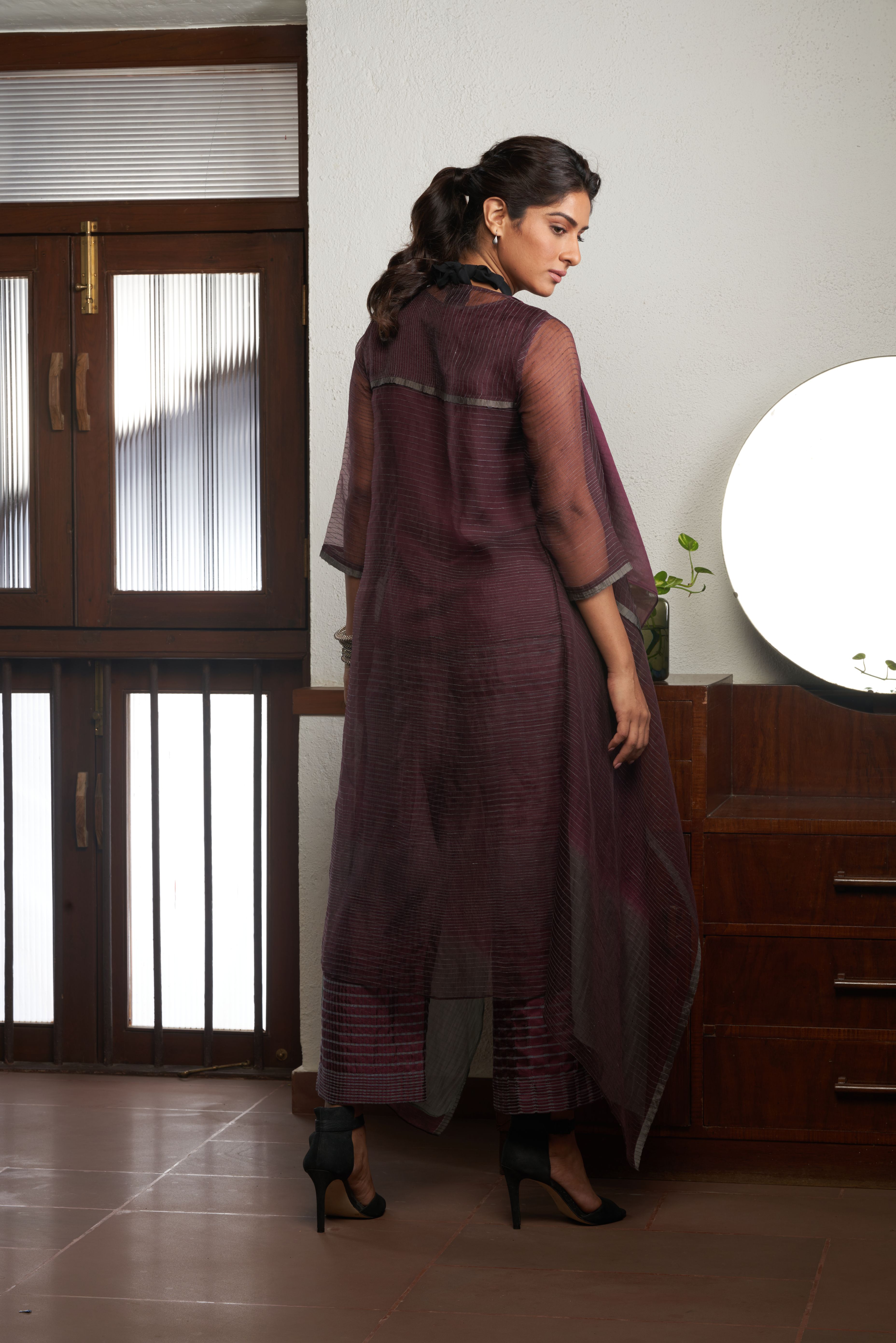 Wine Silk And Khadi Jacket Set